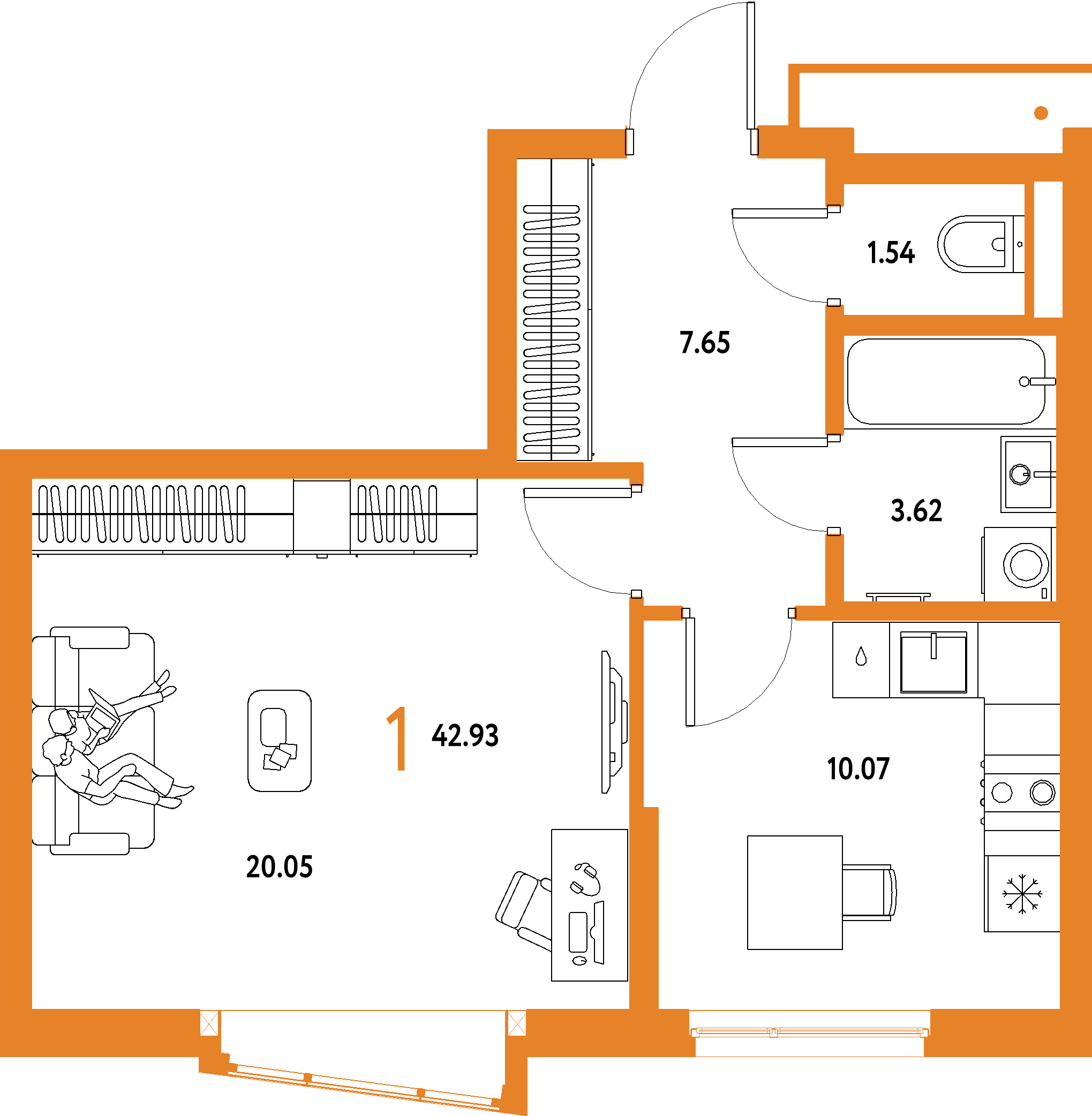 Купить 1-комнатную квартиру 42.93м², этаж №6 кв №803 в ЖК  