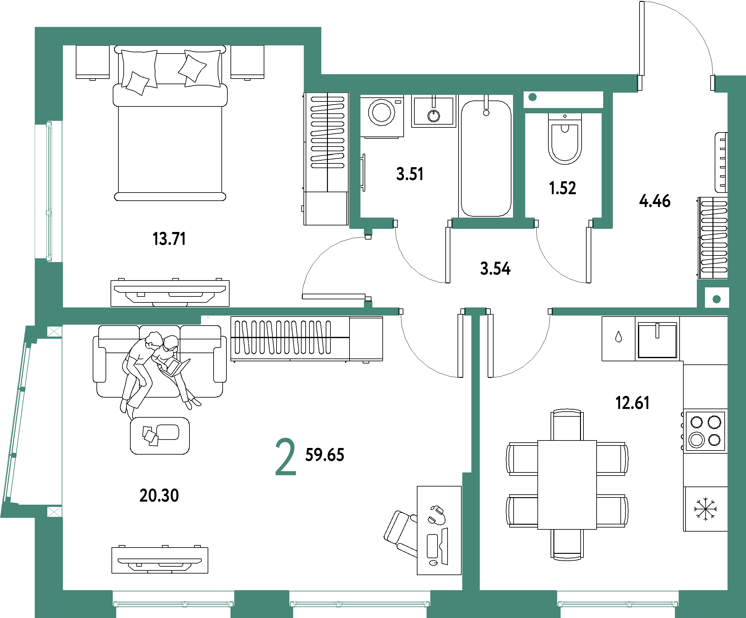 Купить 2-комнатную квартиру 59.65м², этаж №7 кв №806 в ЖК  