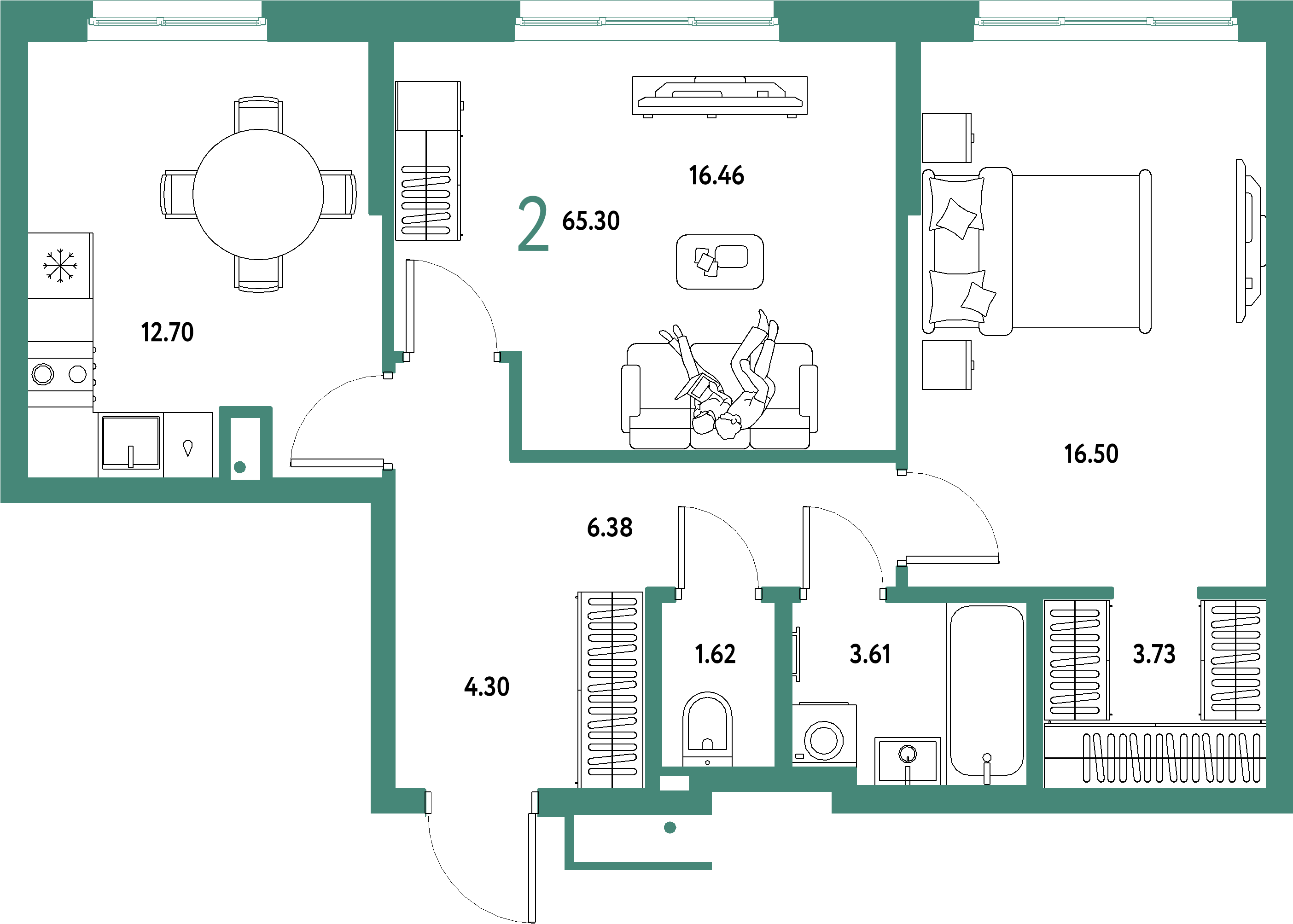 Купить 2-комнатную квартиру 65.3м², этаж №9 кв №830 в ЖК 