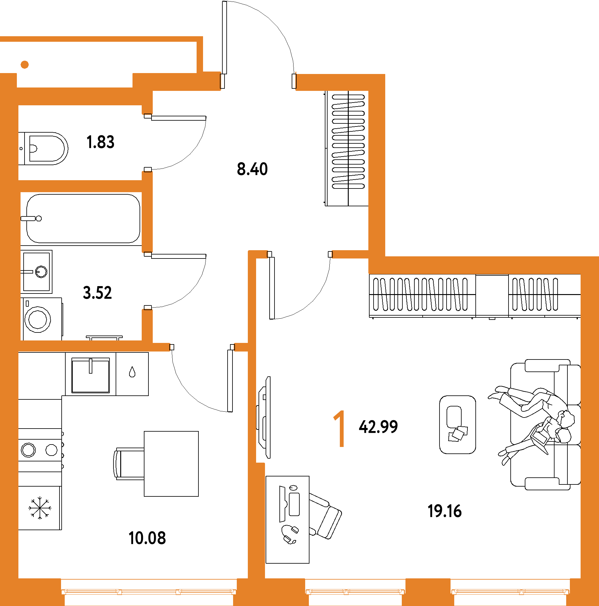 Купить 1-комнатную квартиру 42.99м², этаж №15 кв №884 в ЖК 