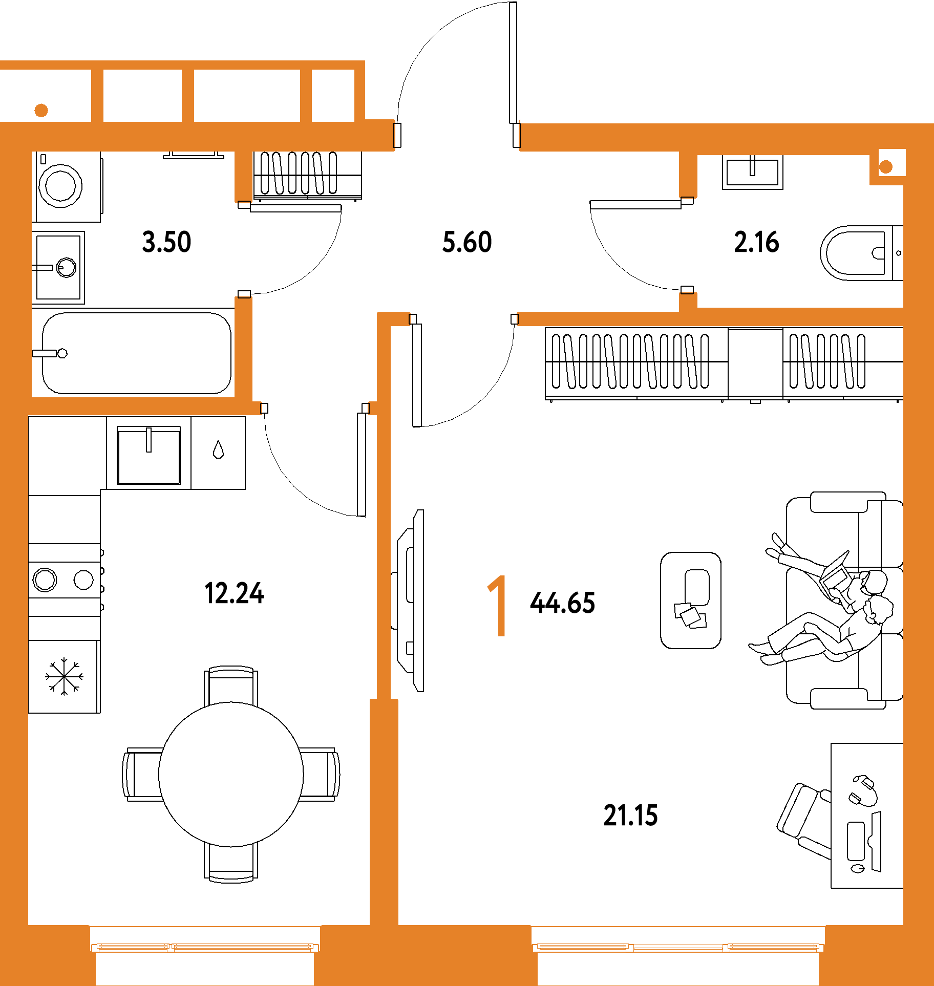 Купить 1-комнатную квартиру 44.65м², этаж №15 кв №892 в ЖК 