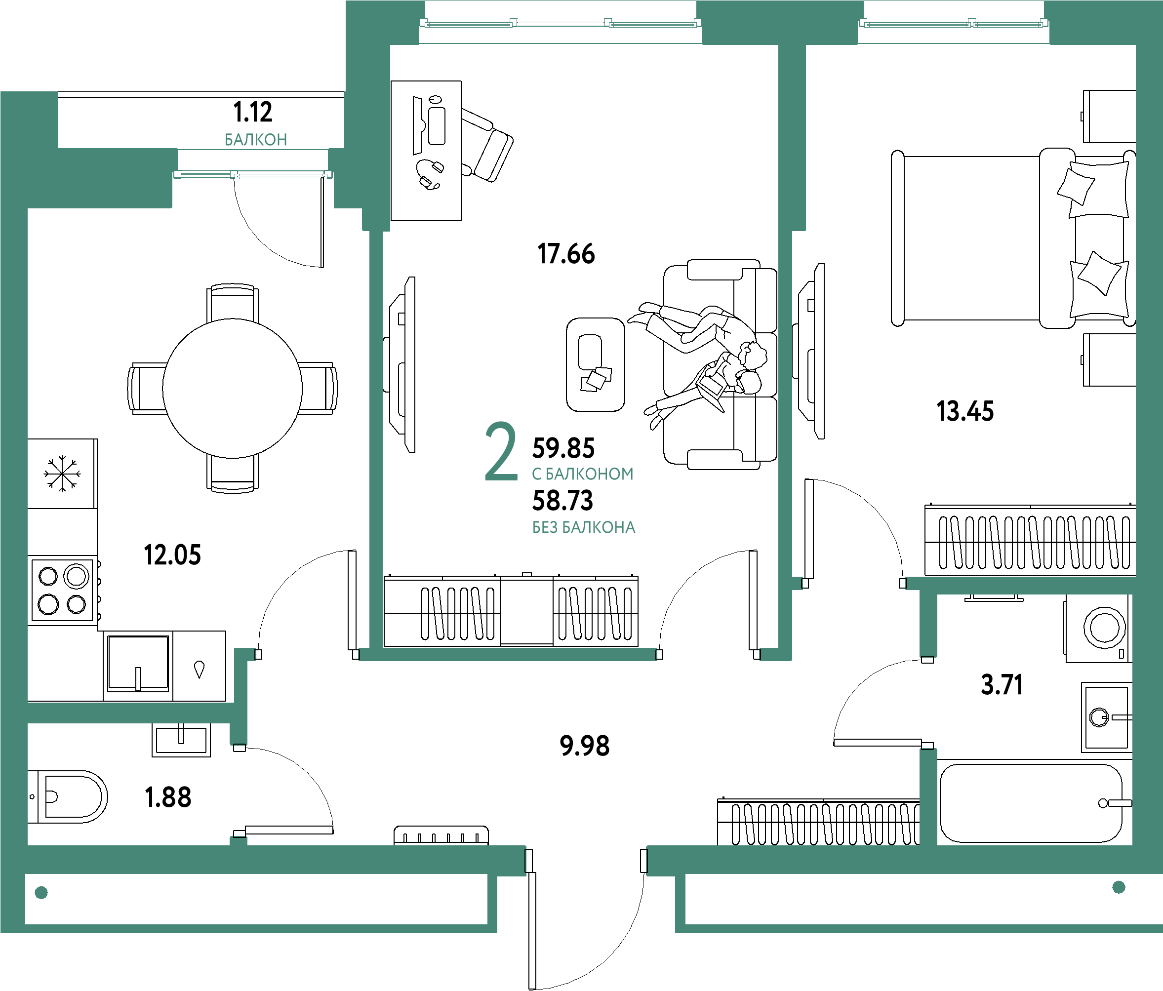 Купить 2-комнатную квартиру 59.85м², этаж №16 кв №898 в ЖК 