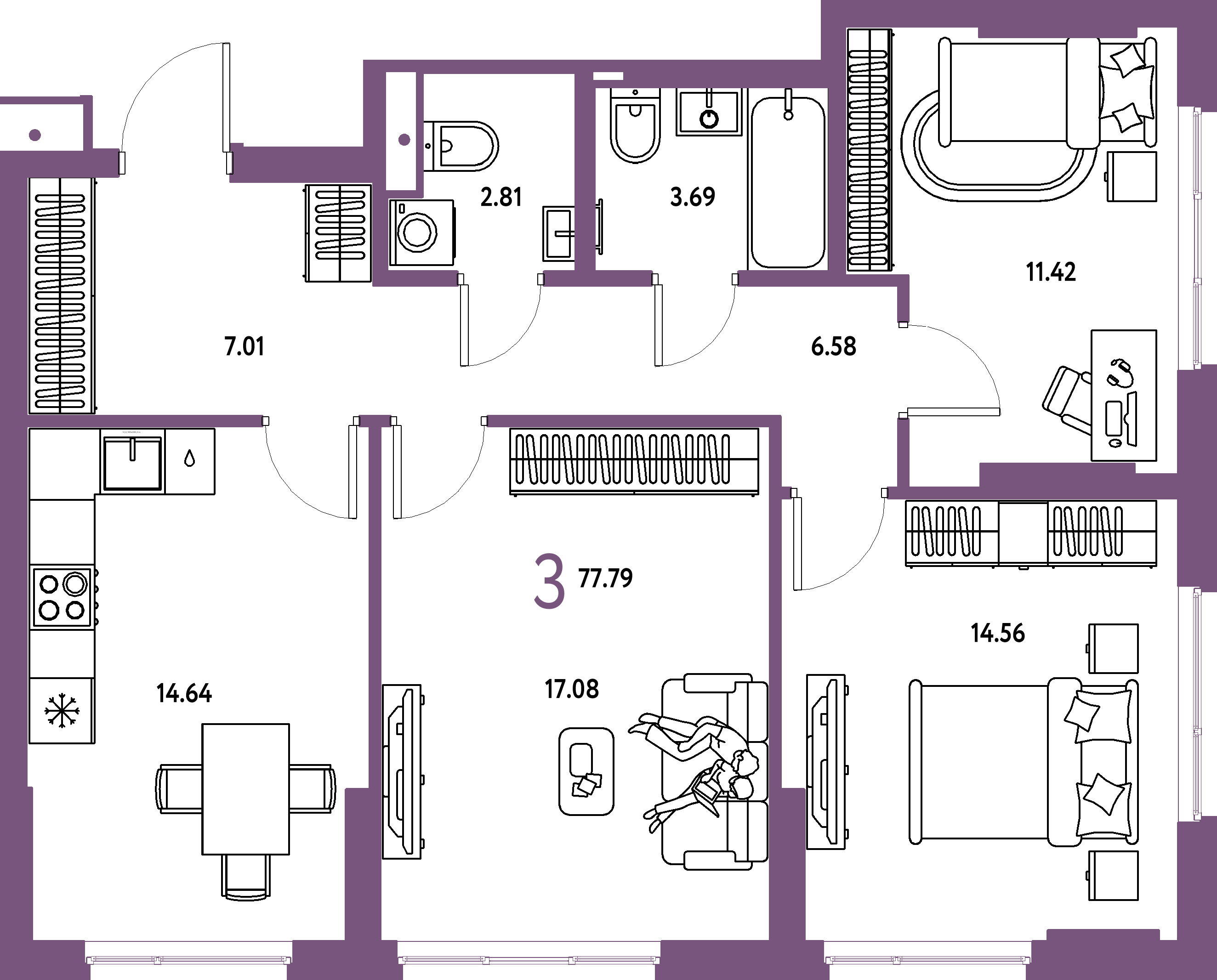 Купить 3-комнатную квартиру 77.79м², этаж №2 кв №920 в ЖК 