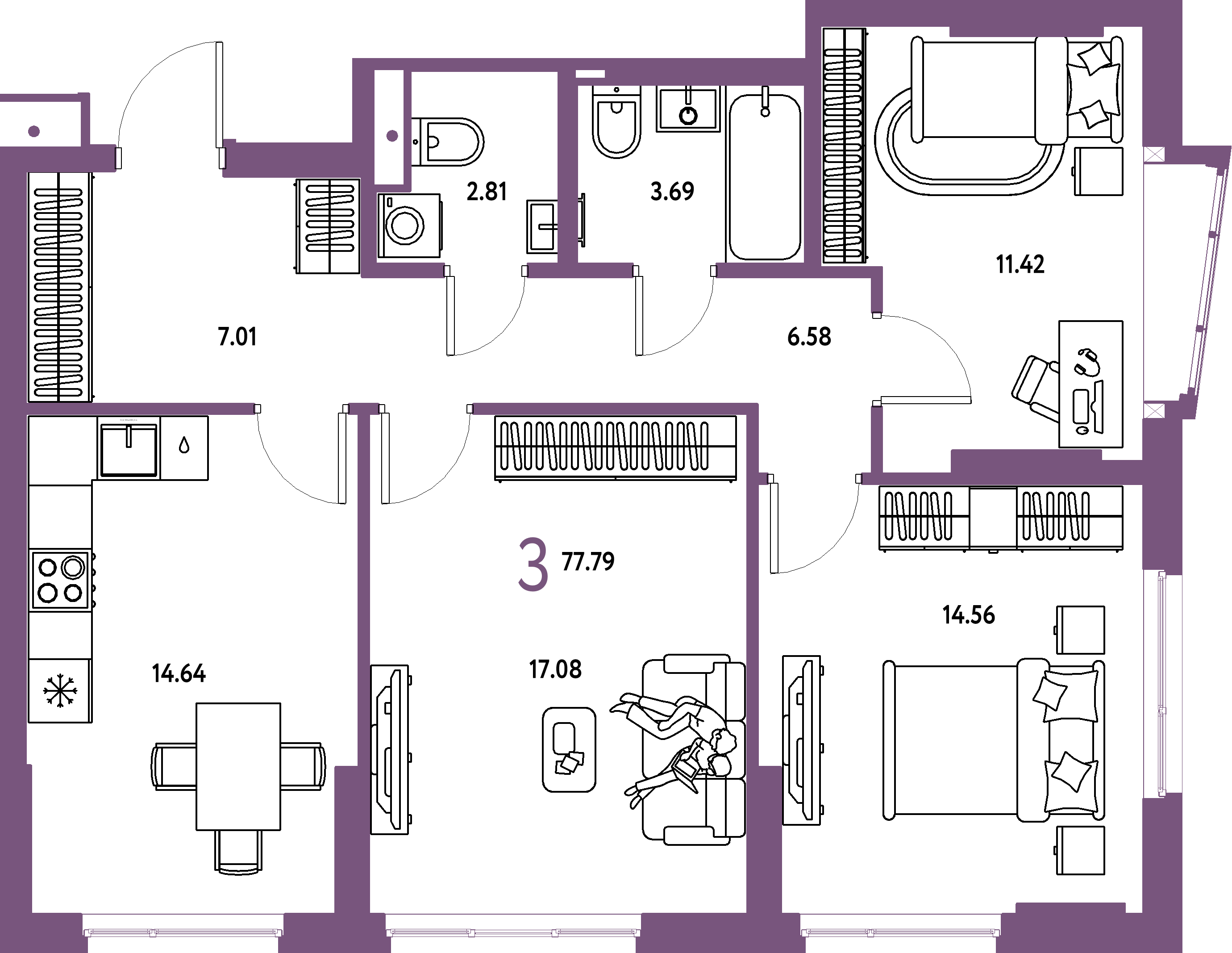 Купить 3-комнатную квартиру 77.79м², этаж №4 кв №936 в ЖК  