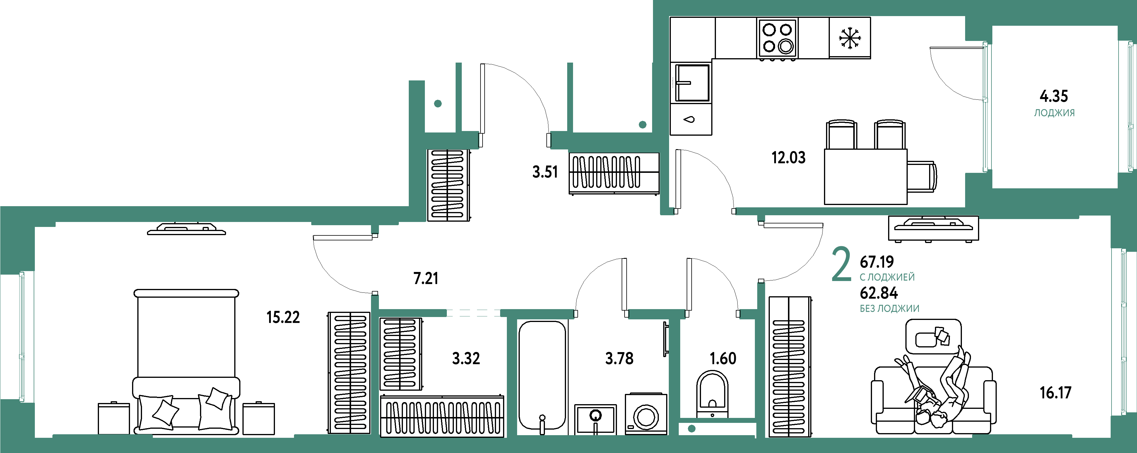 Купить 2-комнатную квартиру 67.19м², этаж №5 кв №938 в ЖК 