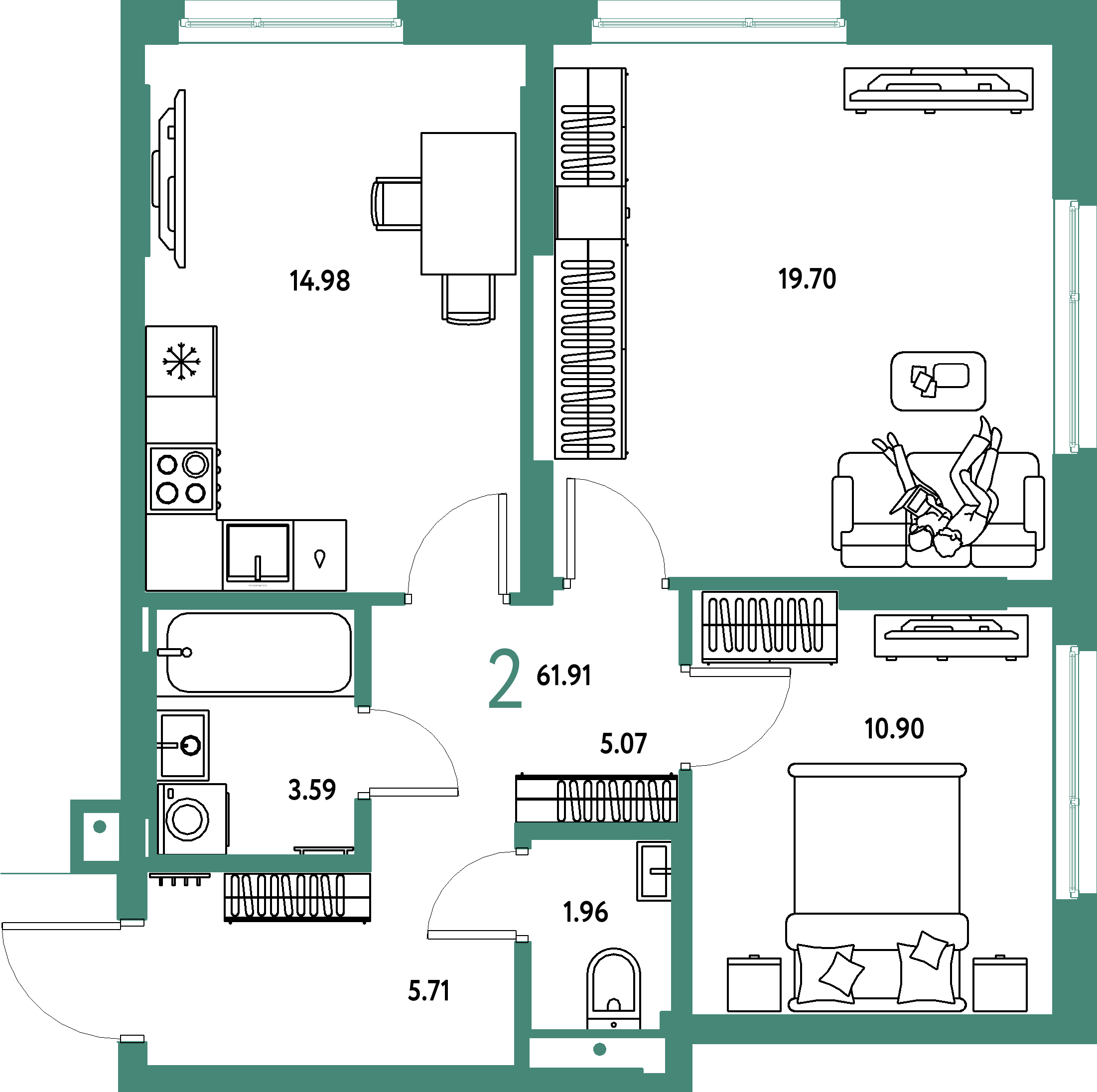 Купить 2-комнатную квартиру 61.91м², этаж №6 кв №951 в ЖК 