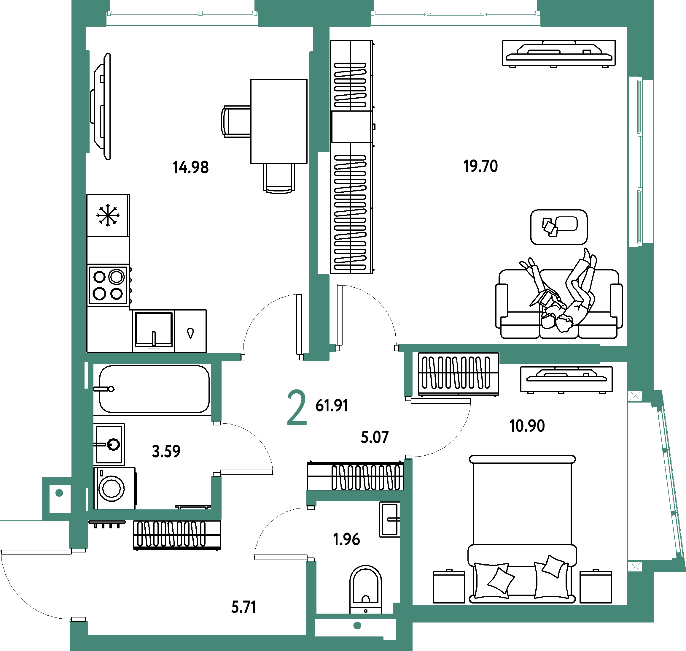 Купить 2-комнатную квартиру 61.91м², этаж №7 кв №959 в ЖК  