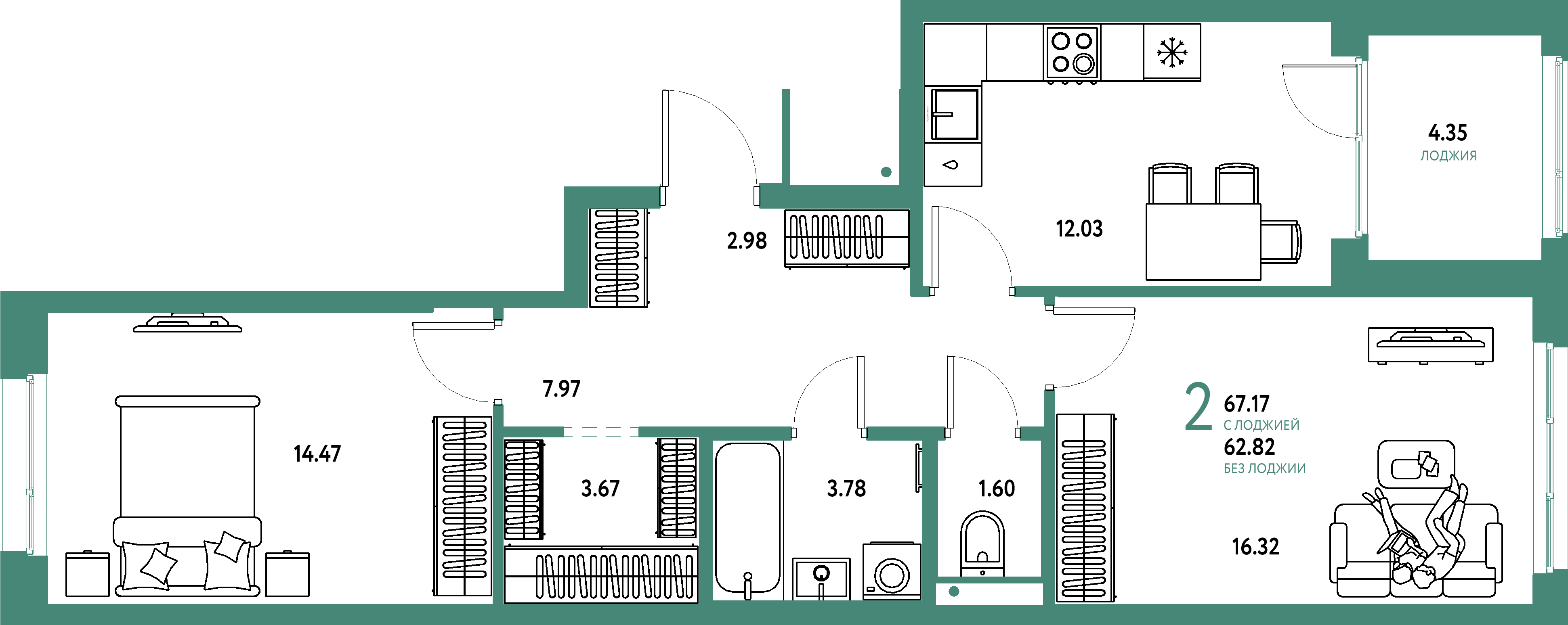 Купить 2-комнатную квартиру 67.17м², этаж №9 кв №970 в ЖК 