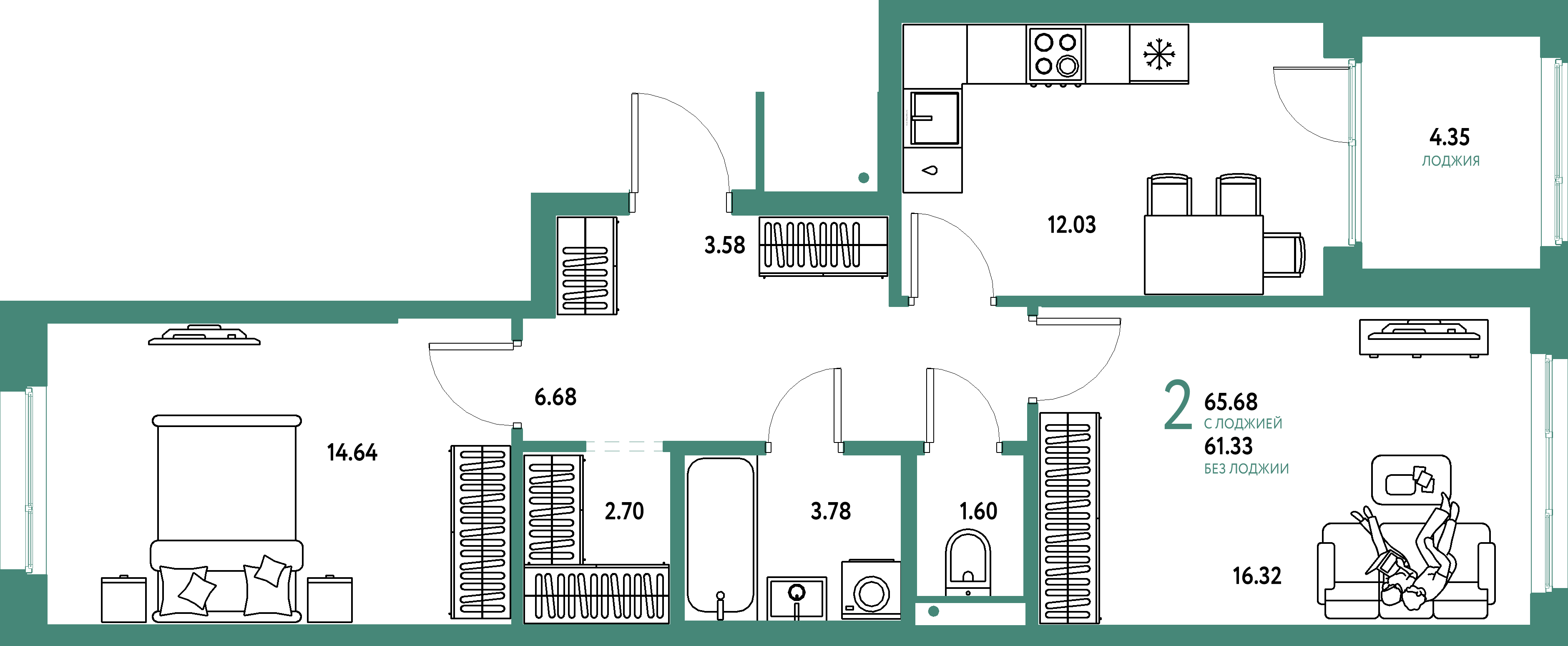 Купить 2-комнатную квартиру 65.68м², этаж №11 кв №986 в ЖК 