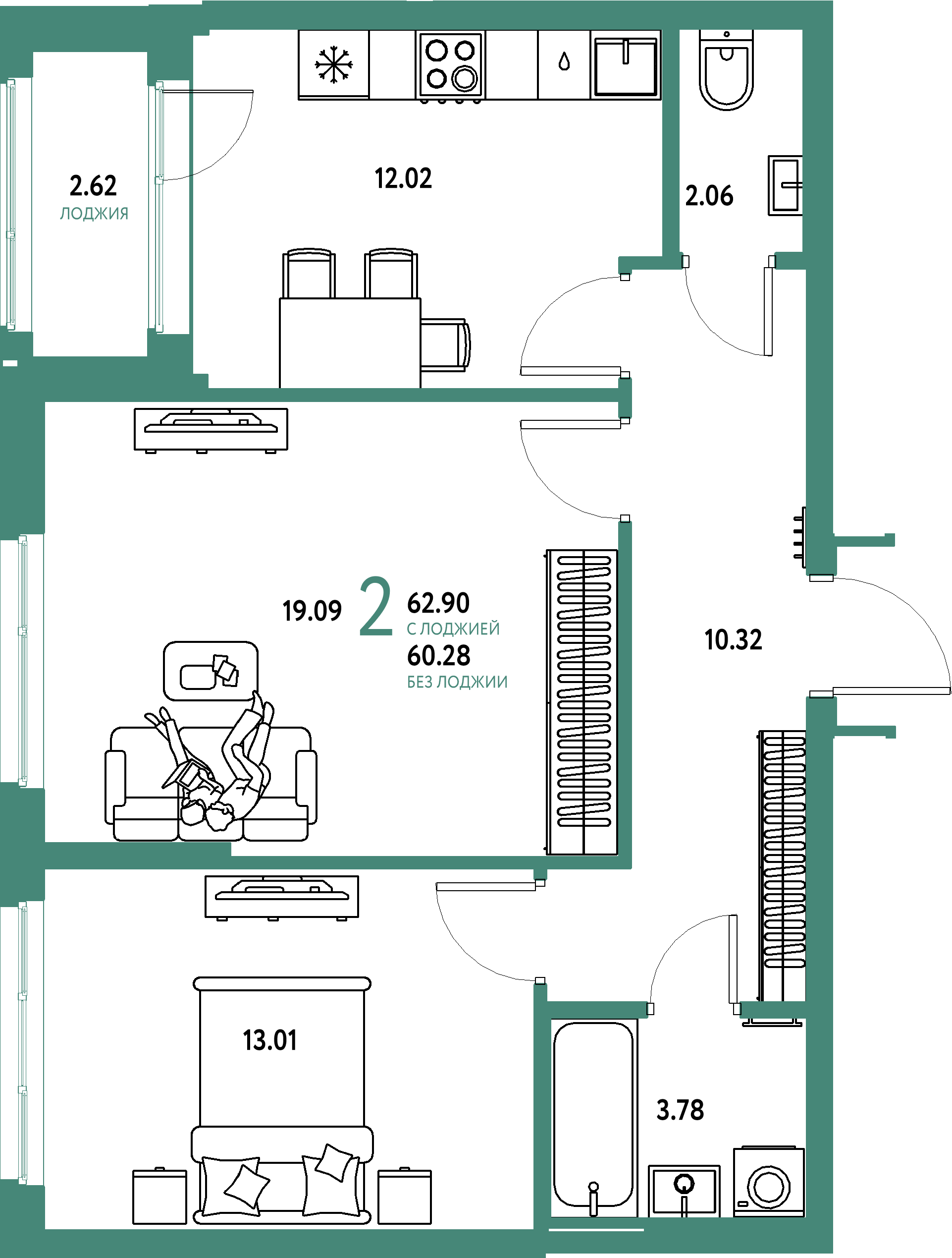 Купить 2-комнатную квартиру 62.9м², этаж №11 кв №987 в ЖК  