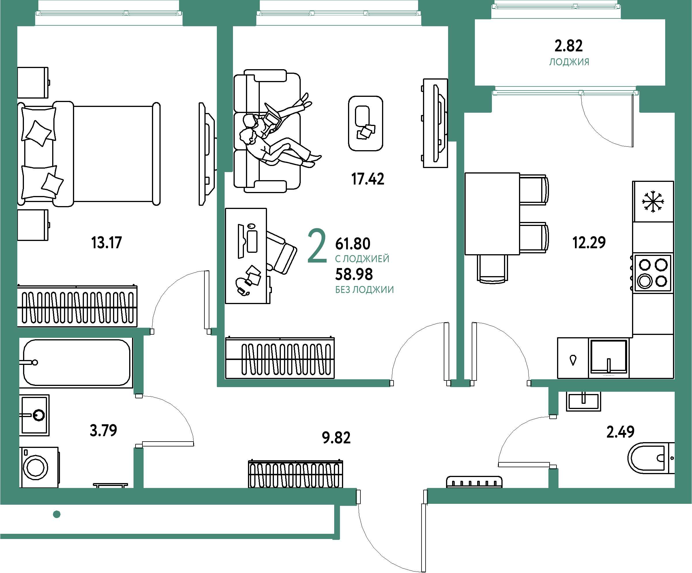 Купить 2-комнатную квартиру 61.8м², этаж №11 кв №989 в ЖК 