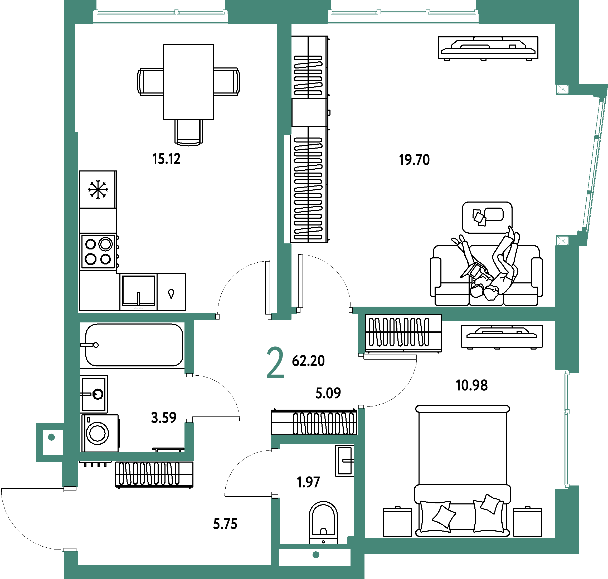 Купить 2-комнатную квартиру 62.2м², этаж №11 кв №991 в ЖК 