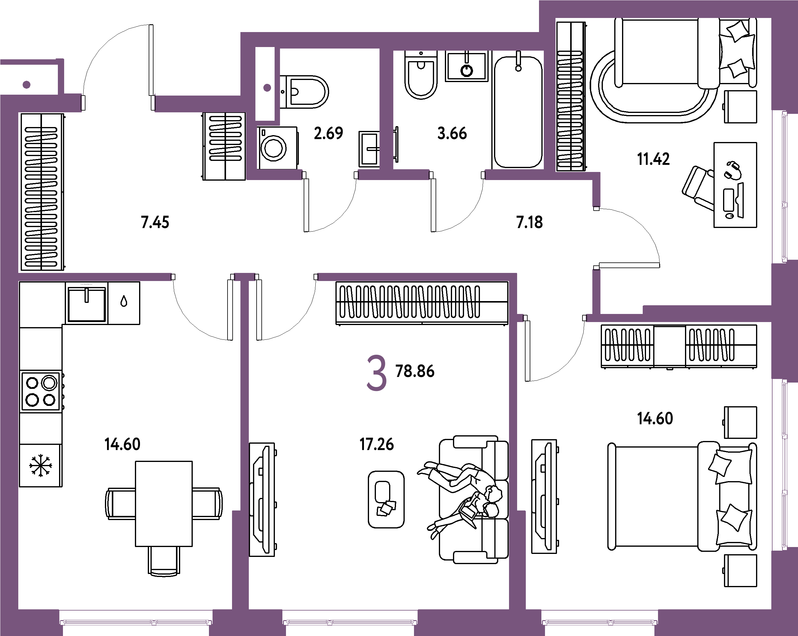 Купить 3-комнатную квартиру 78.86м², этаж №11 кв №992 в ЖК 