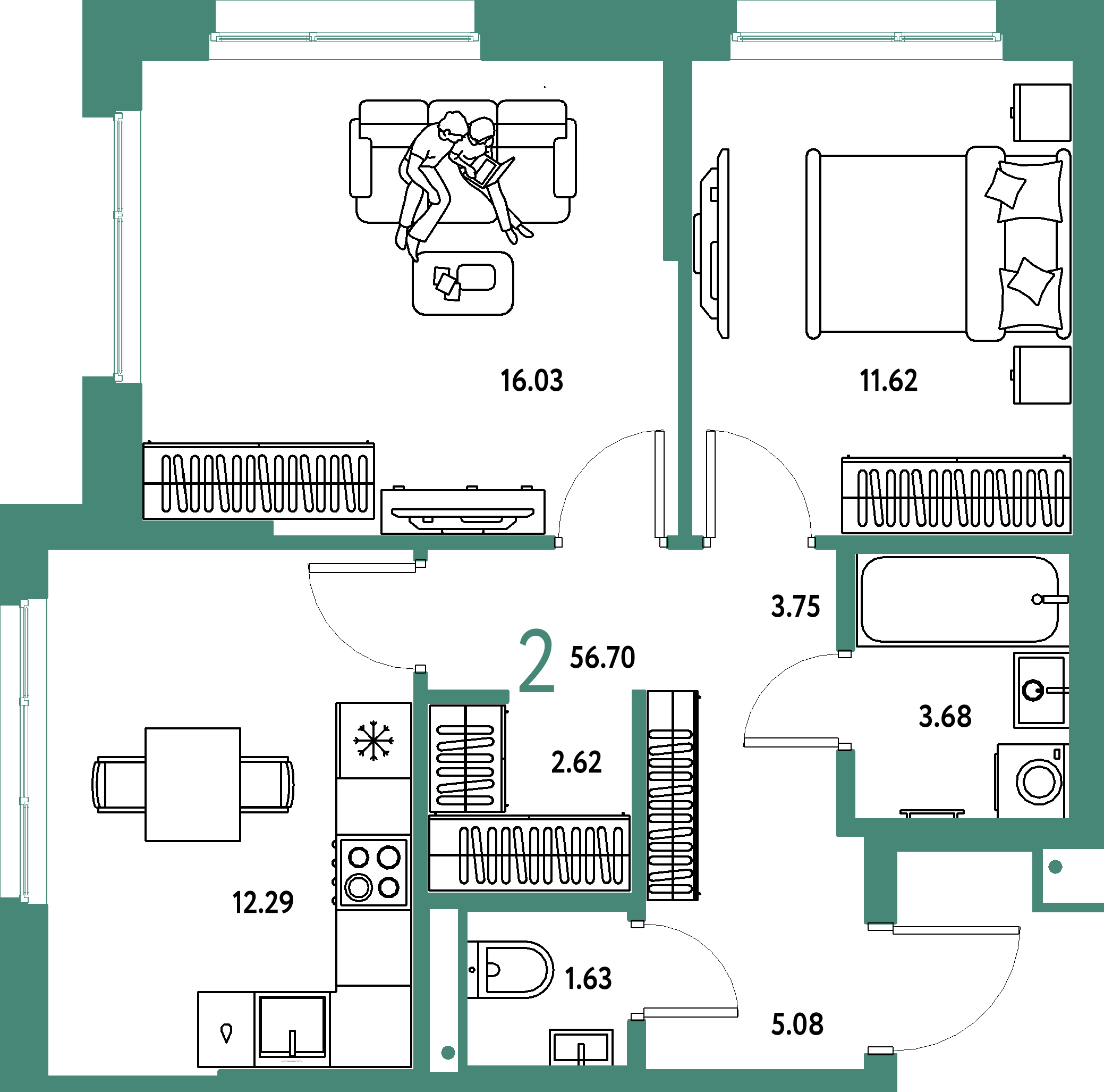 Купить 2-комнатную квартиру 56.7м², этаж №14 кв №1012 в ЖК  