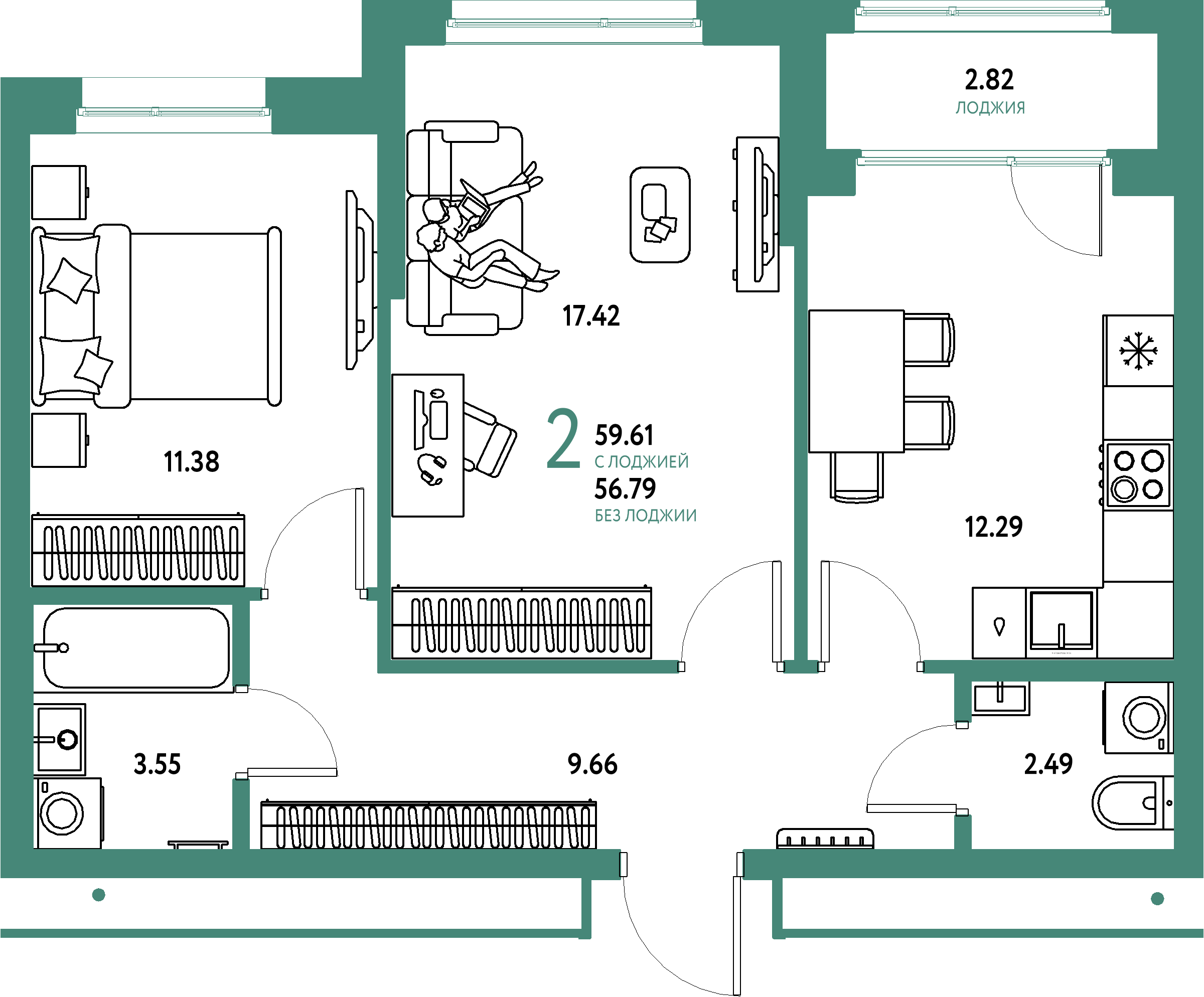 Купить 2-комнатную квартиру 59.61м², этаж №16 кв №1029 в ЖК 