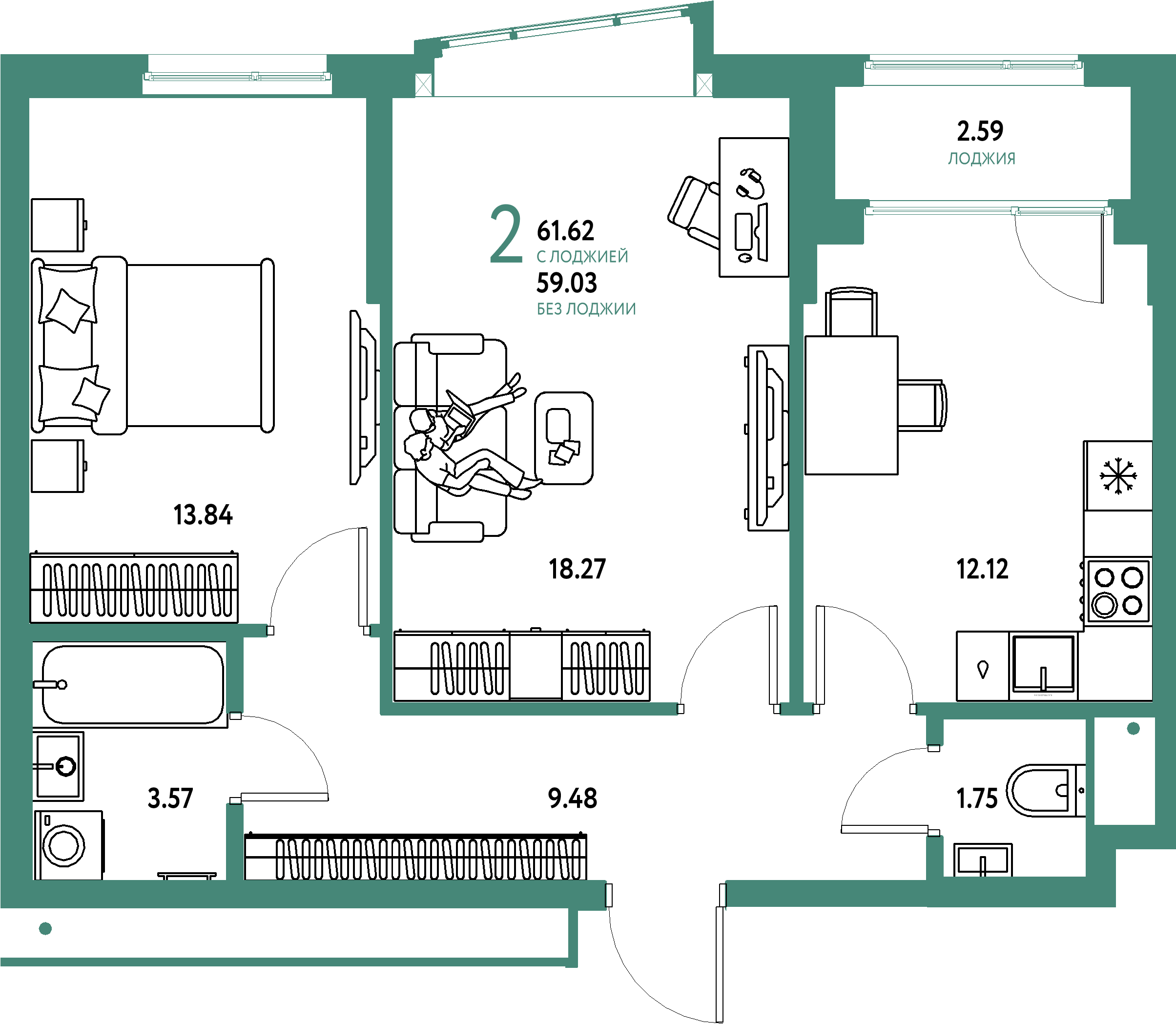 Купить 2-комнатную квартиру 61.62м², этаж №16 кв №1030 в ЖК  