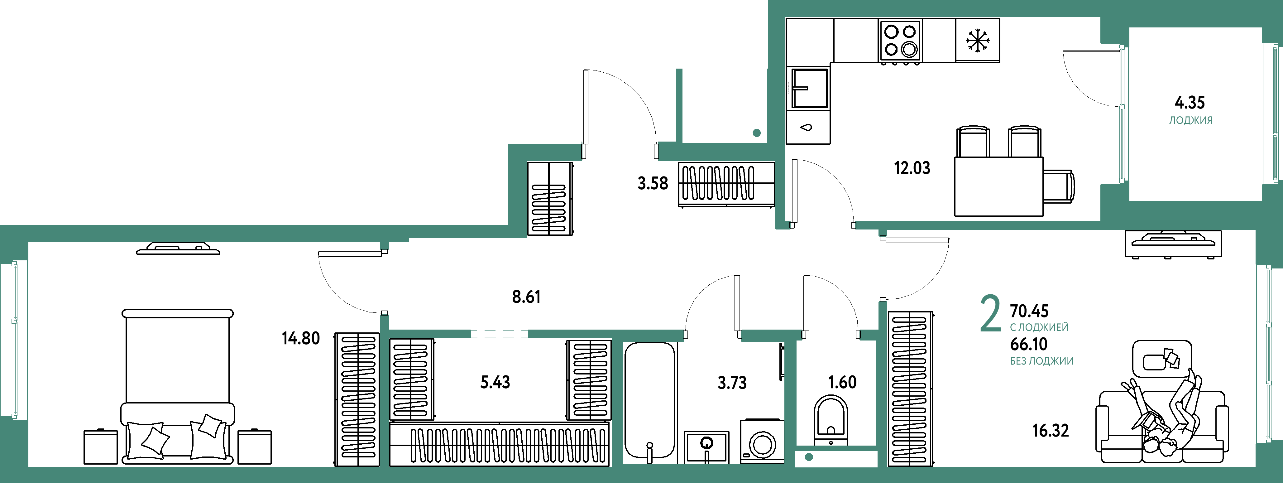 Купить 2-комнатную квартиру 70.45м², этаж №17 кв №1034 в ЖК  