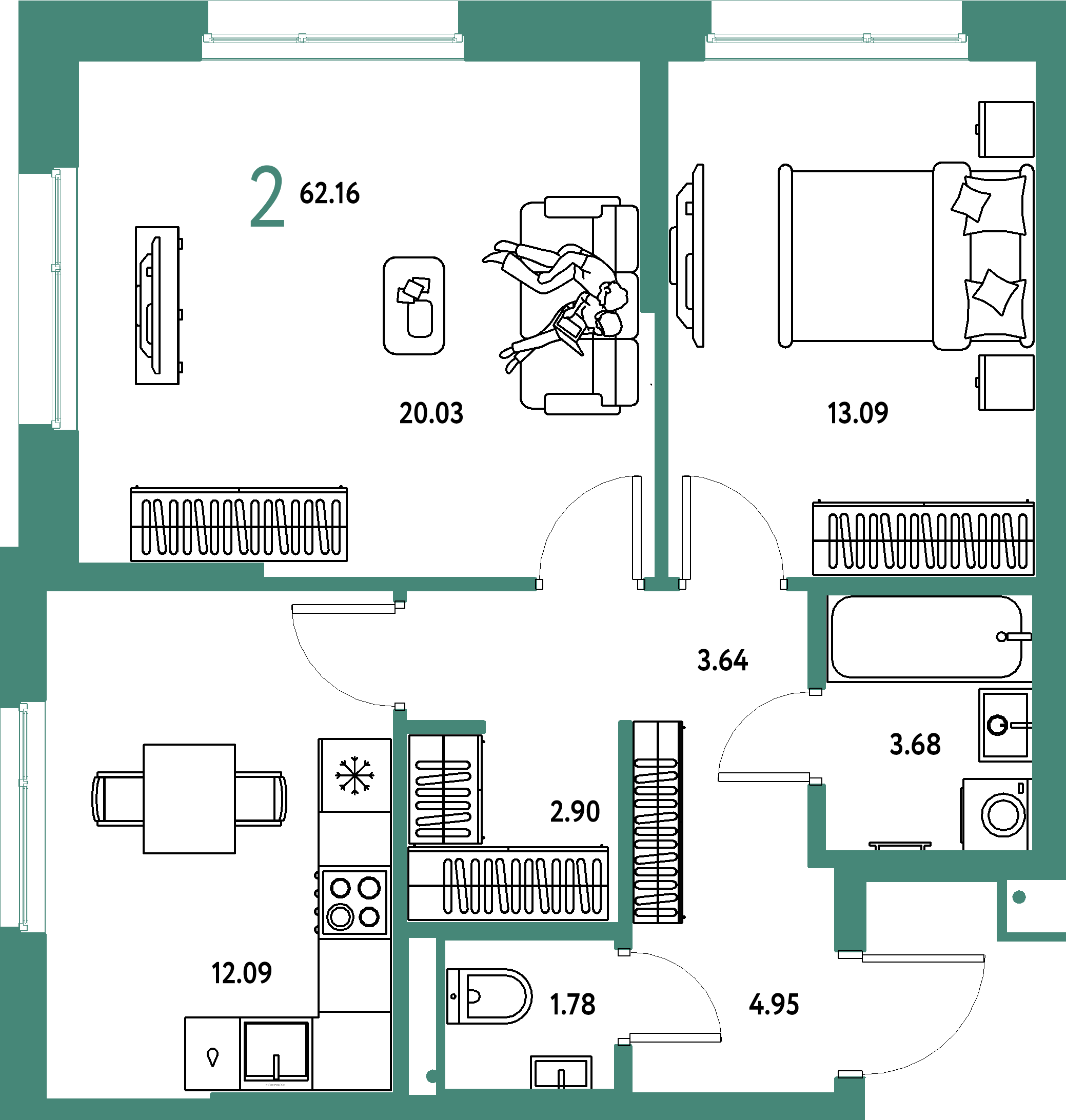 Купить 2-комнатную квартиру 62.16м², этаж №19 кв №1051 в ЖК  