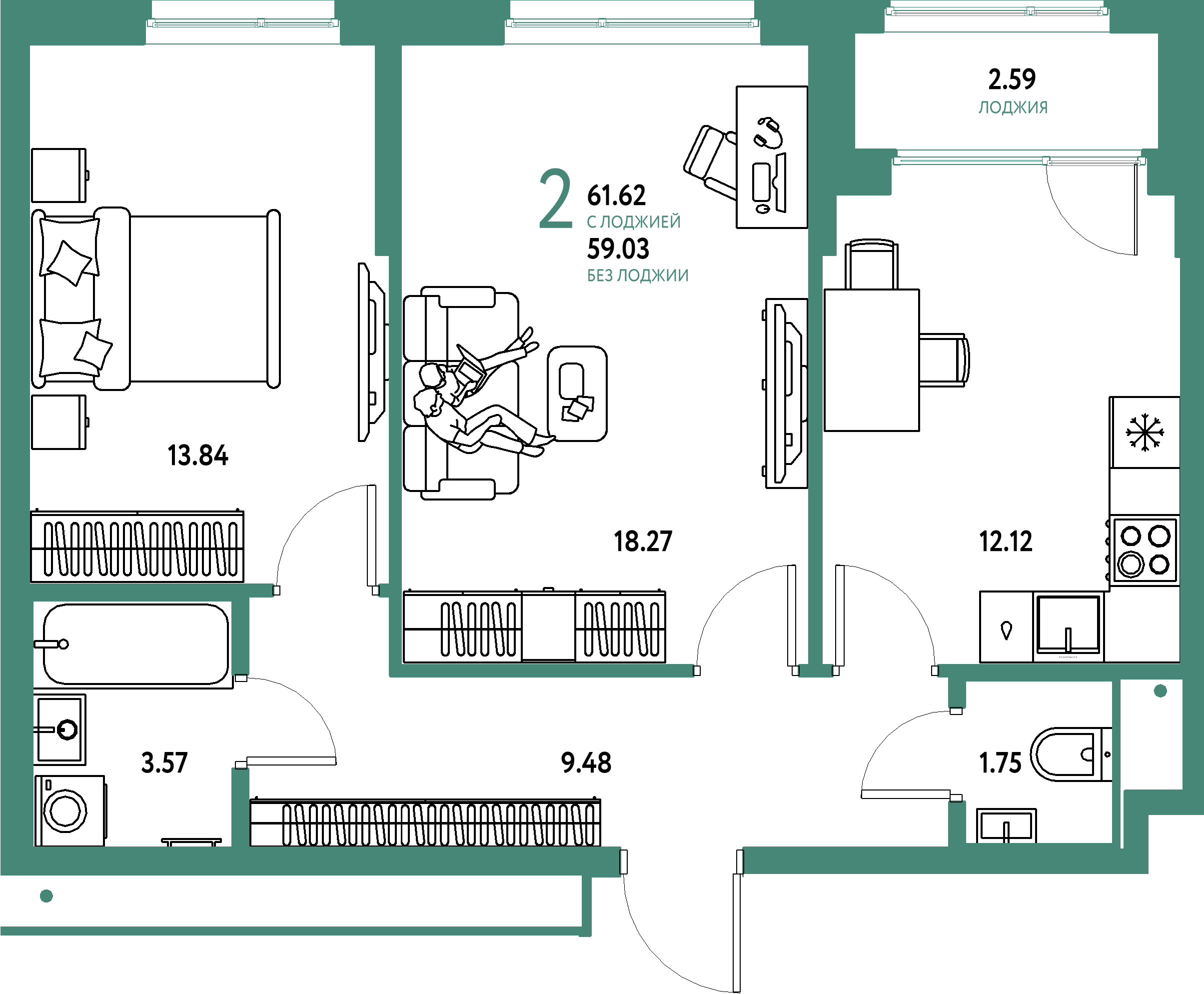 Купить 2-комнатную квартиру 61.62м², этаж №20 кв №1060 в ЖК 