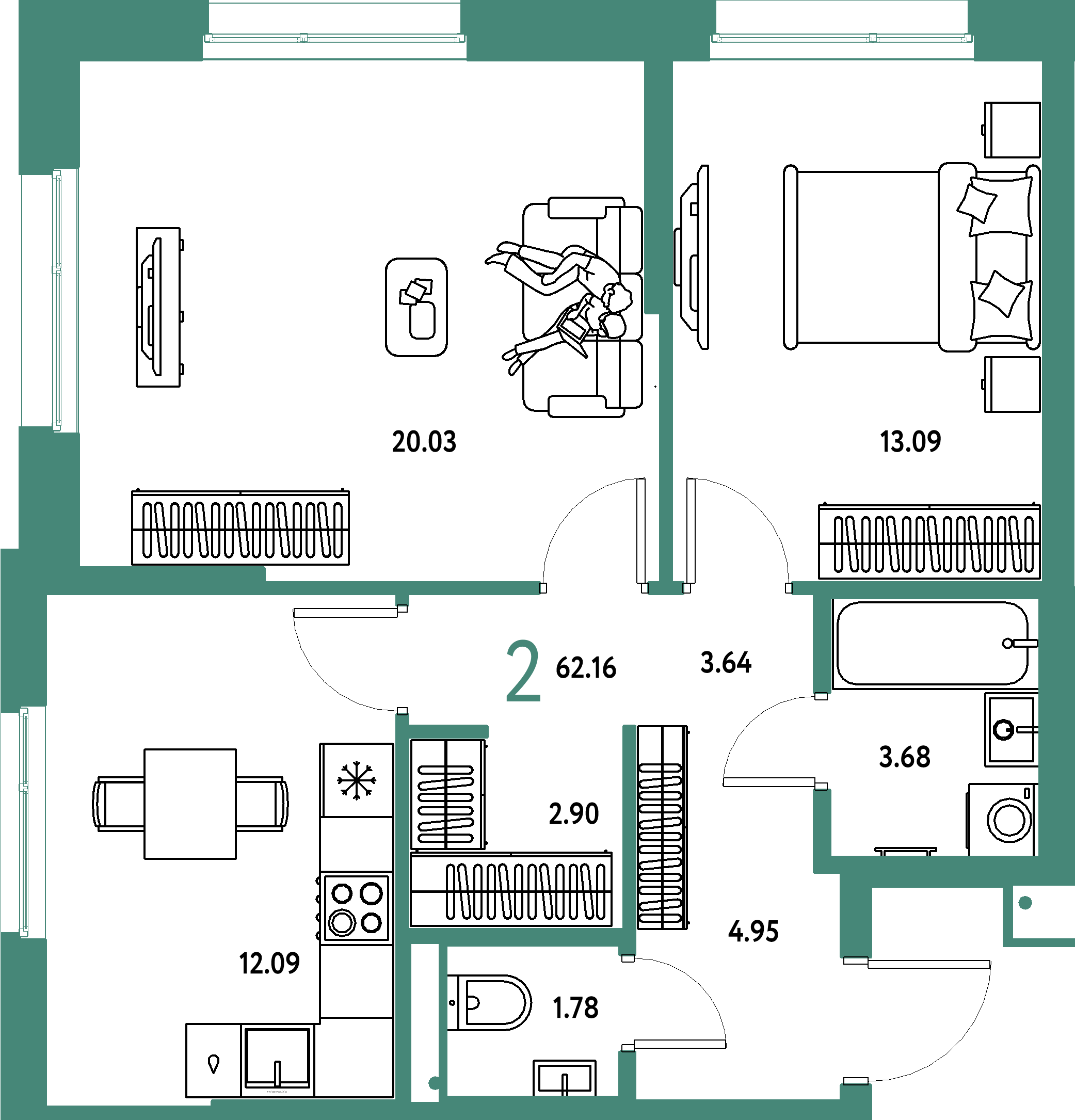 Купить 2-комнатную квартиру 62.16м², этаж №21 кв №1065 в ЖК 