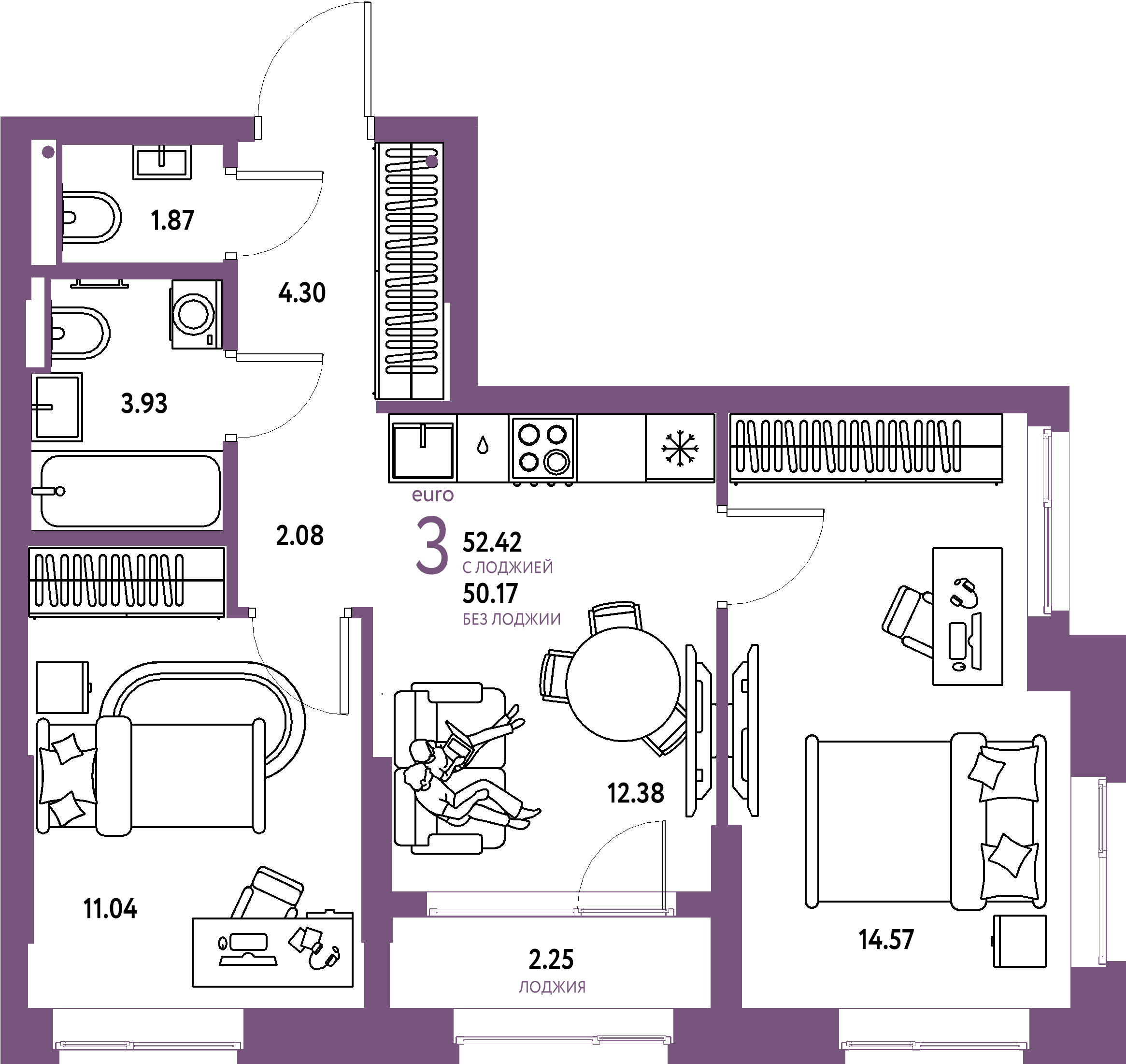 Купить 3-комнатную квартиру 52.42м², этаж №5 кв №38 в ЖК 