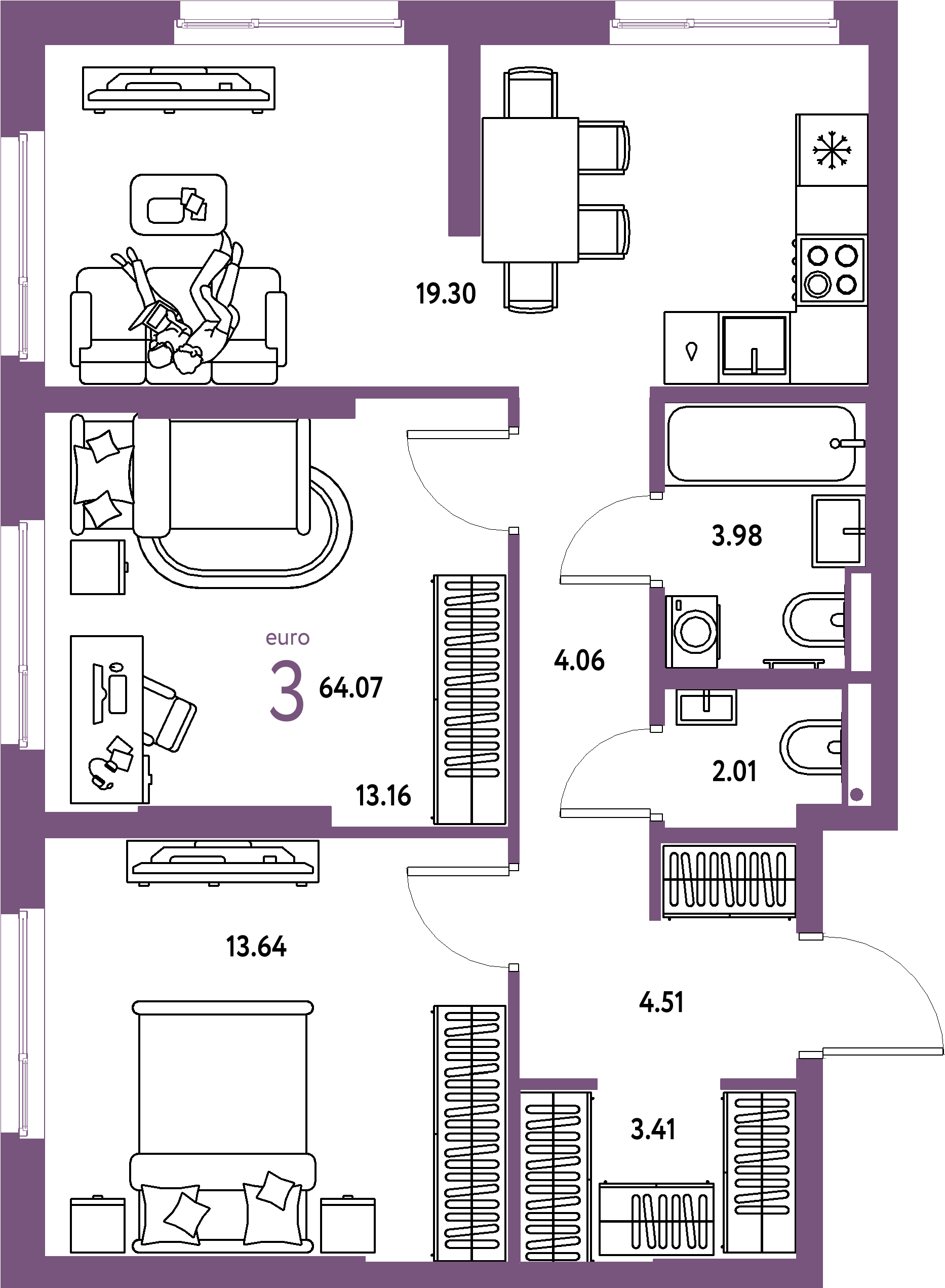 Купить 3-комнатную квартиру 64.07м², этаж №5 кв №43 в ЖК 