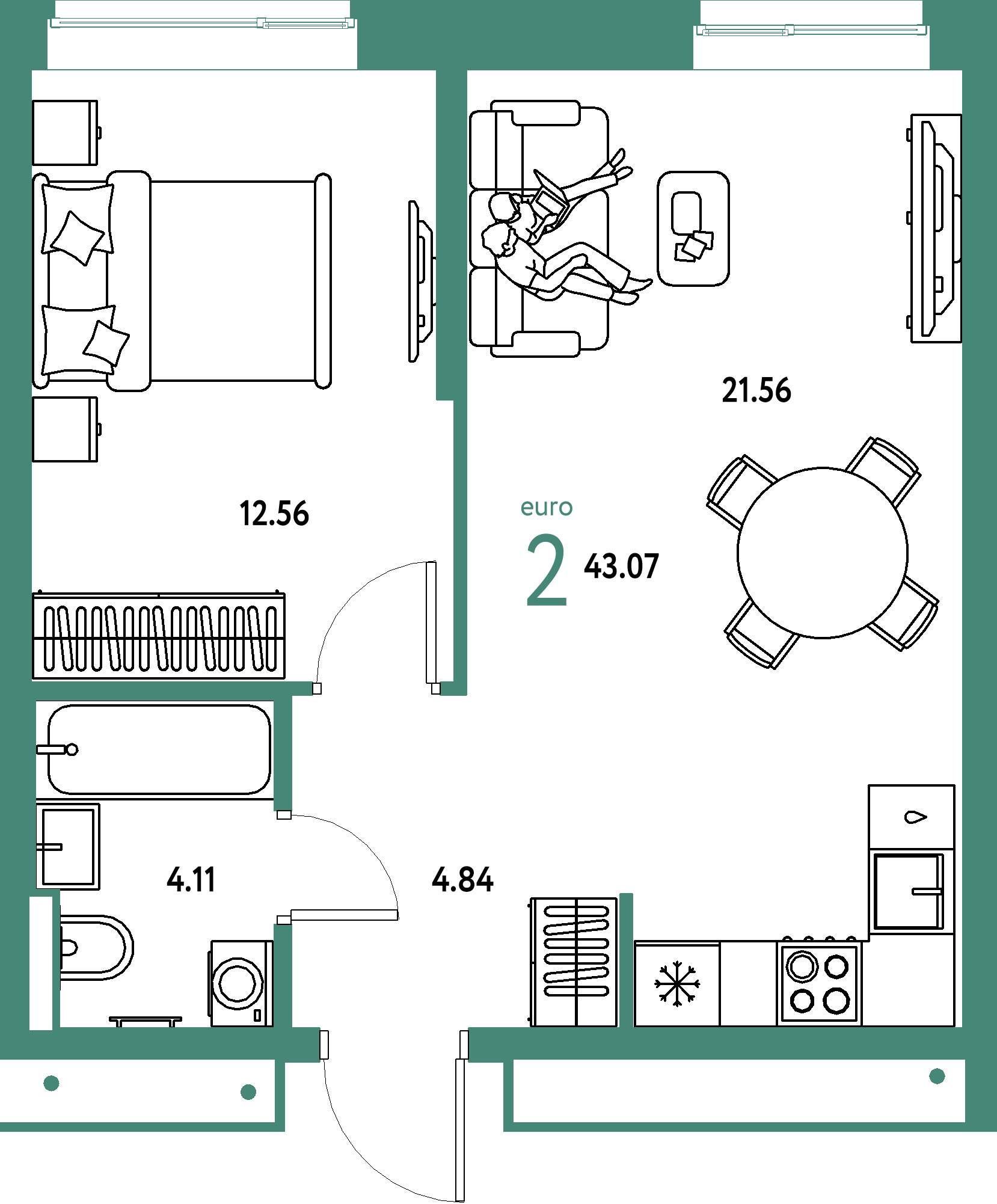 Купить 2-комнатную квартиру 43.07м², этаж №9 кв №94 в ЖК 