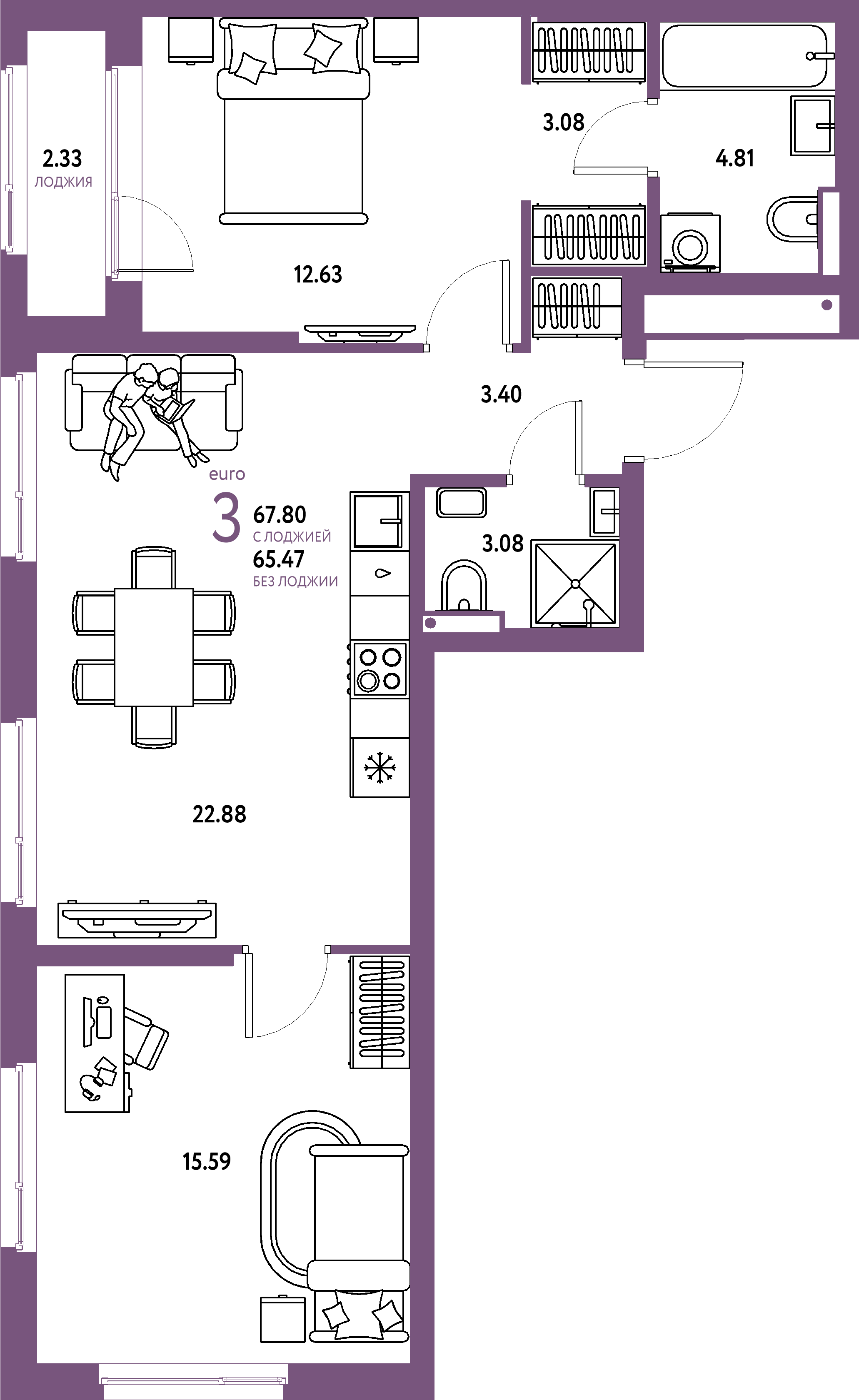 Купить 3-комнатную квартиру 67.8м², этаж №11 кв №114 в ЖК 