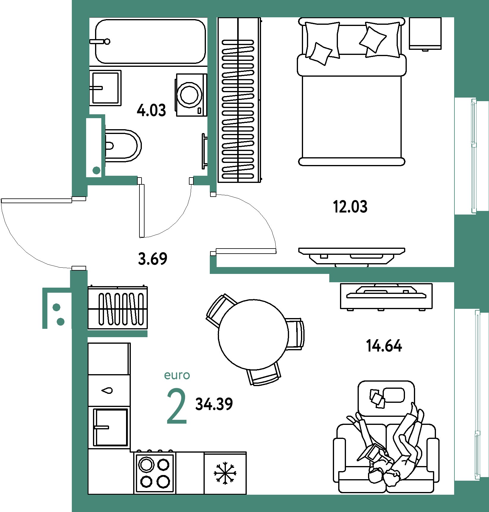 Купить 2-комнатную квартиру 34.39м², этаж №12 кв №121 в ЖК  