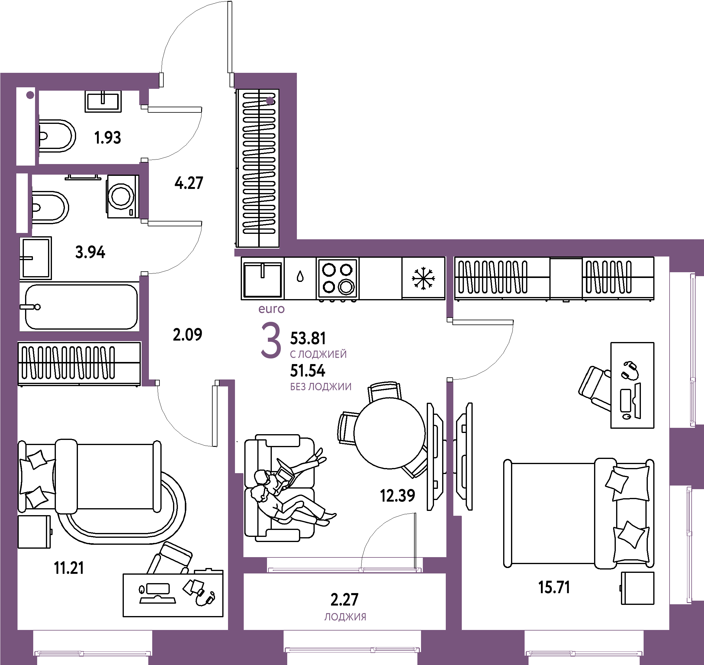 Купить 3-комнатную квартиру 53.81м², этаж №13 кв №134 в ЖК  