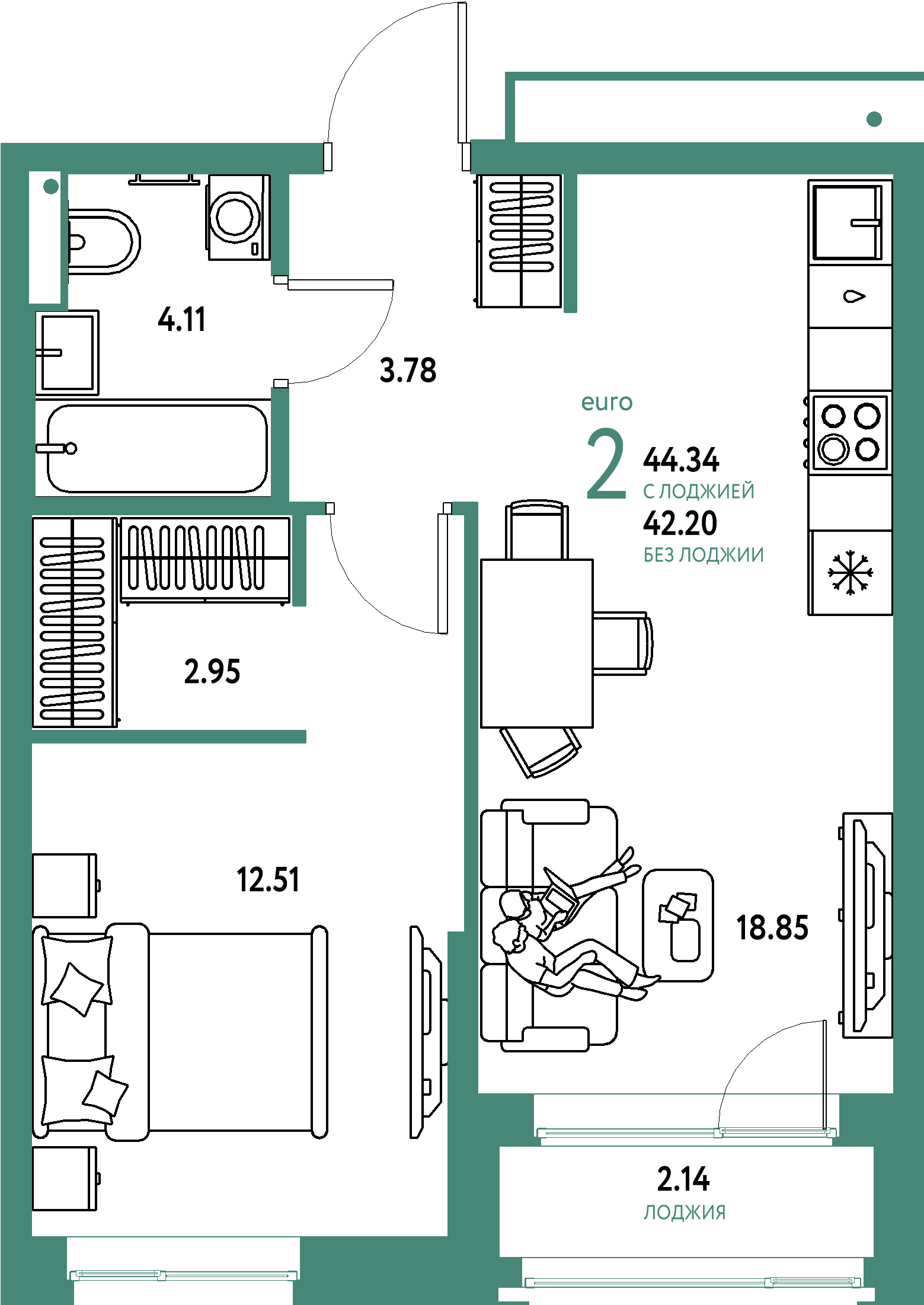 Купить 2-комнатную квартиру 44.34м², этаж №13 кв №135 в ЖК 