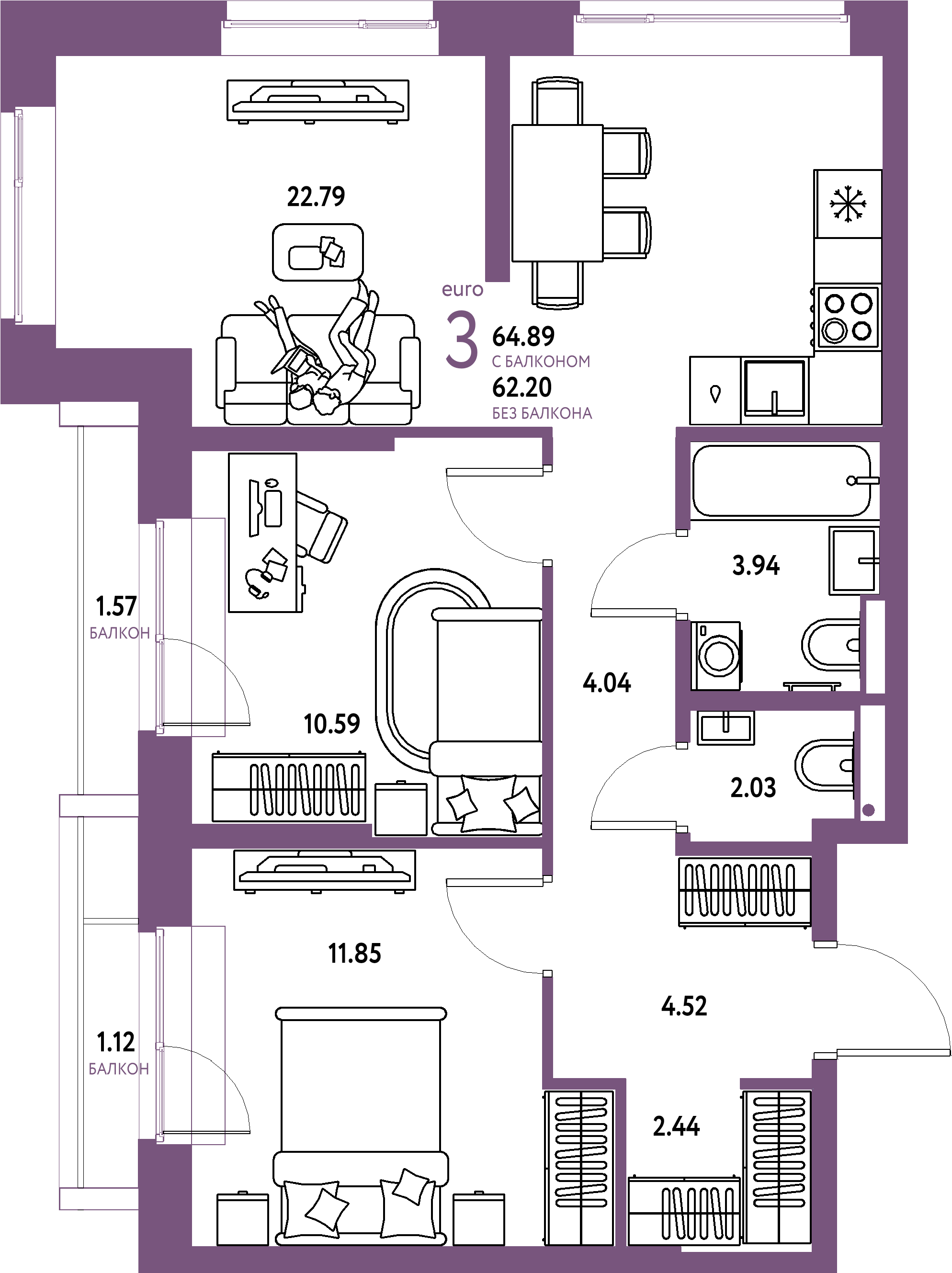 Купить 3-комнатную квартиру 64.89м², этаж №13 кв №139 в ЖК  