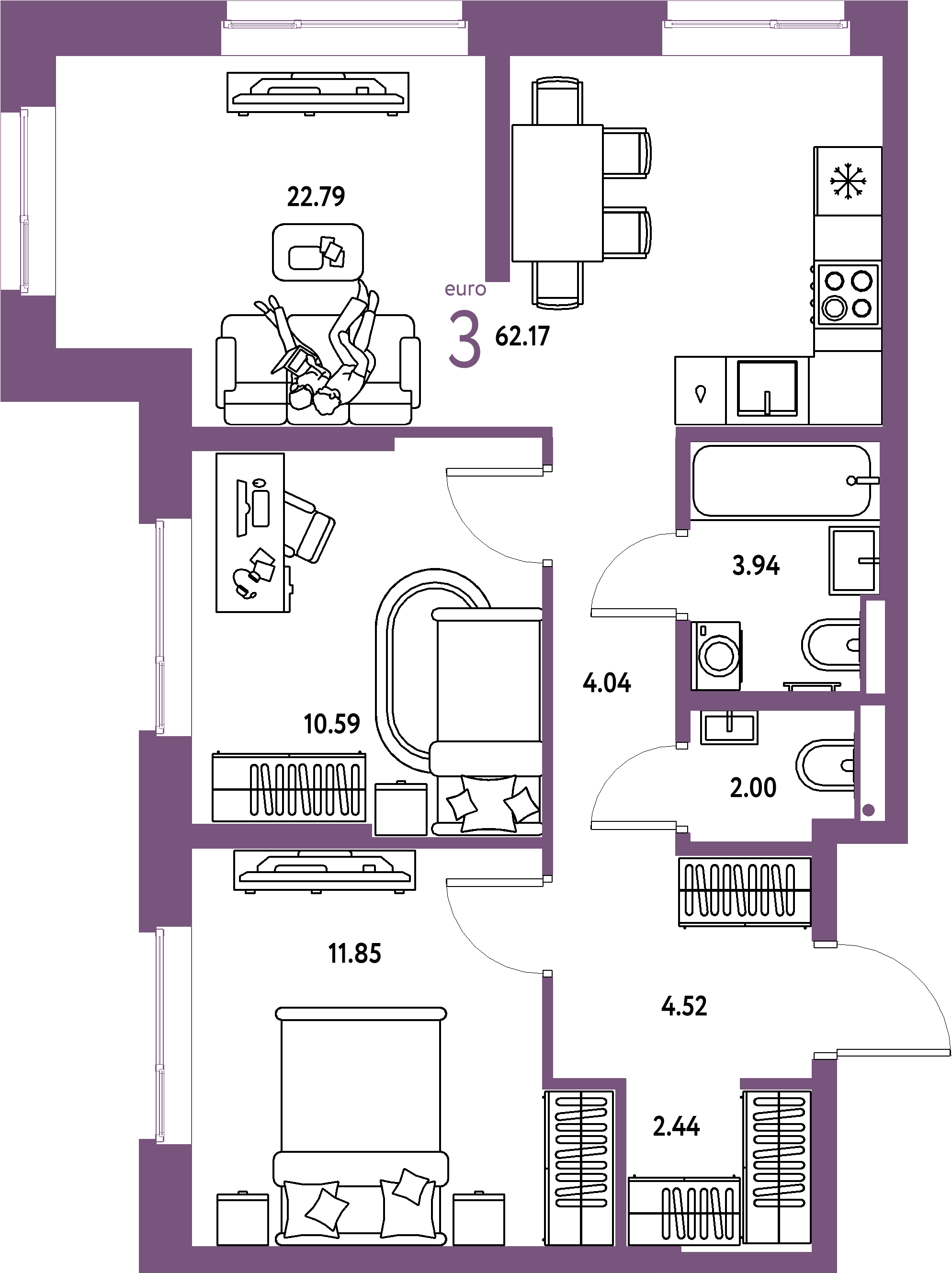 Купить 3-комнатную квартиру 62.17м², этаж №14 кв №151 в ЖК 