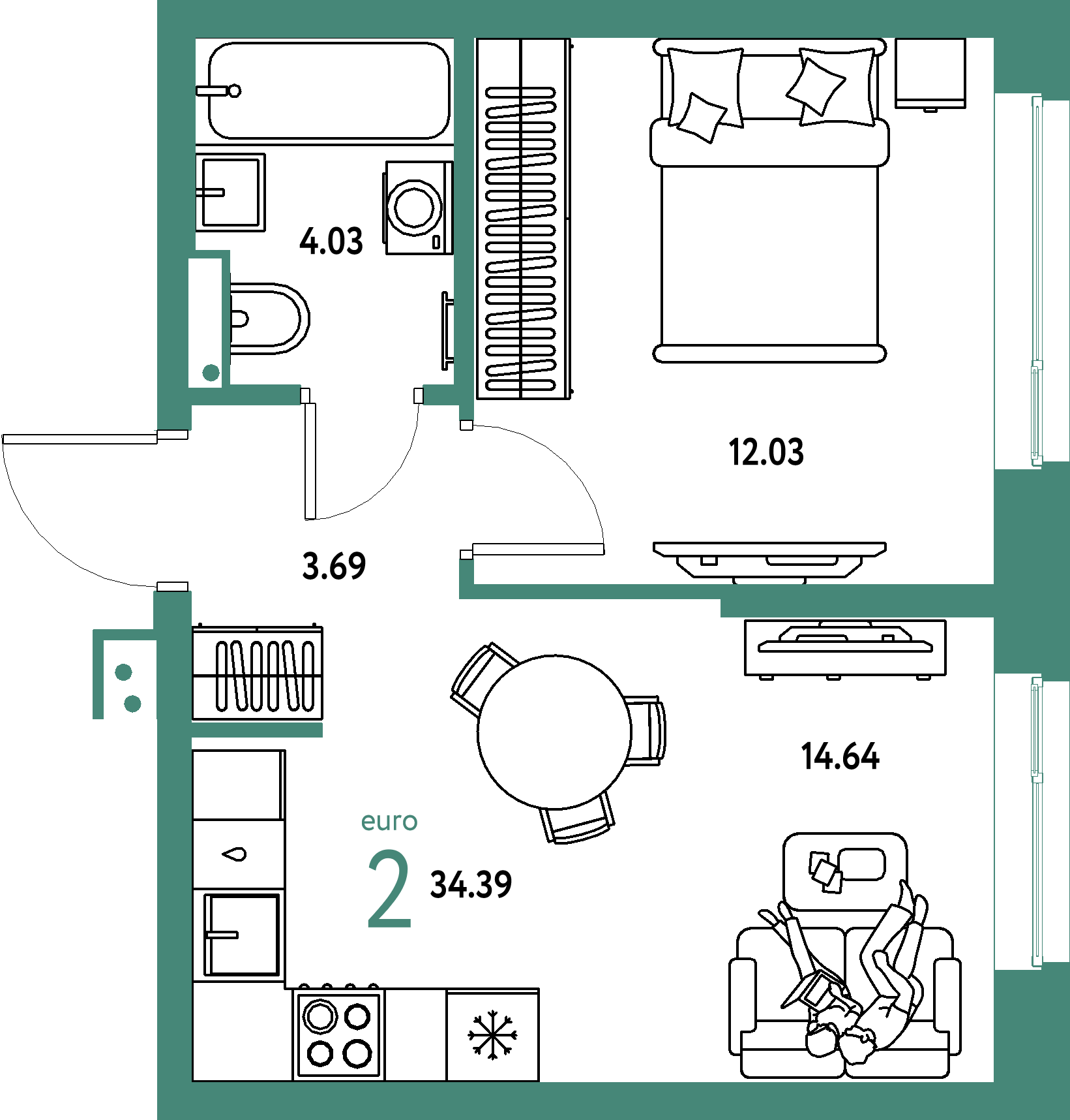 Купить 2-комнатную квартиру 34.39м², этаж №15 кв №157 в ЖК  