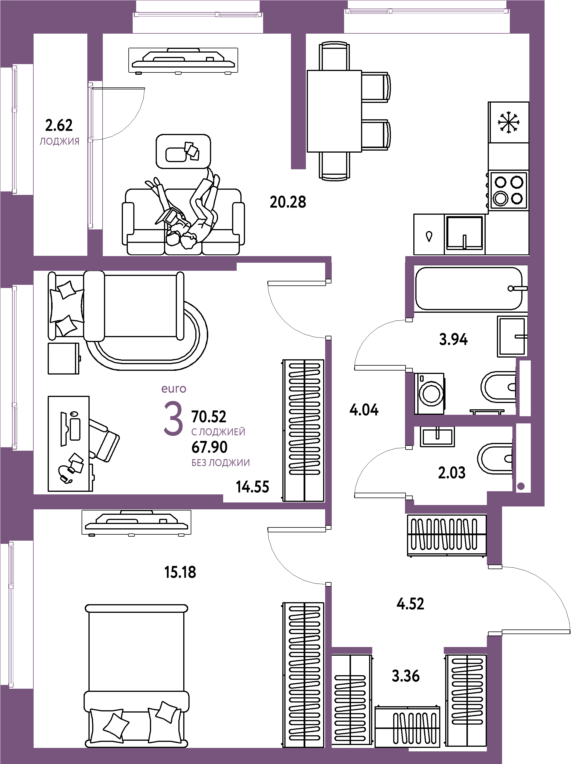 Купить 3-комнатную квартиру 70.52м², этаж №23 кв №259 в ЖК  