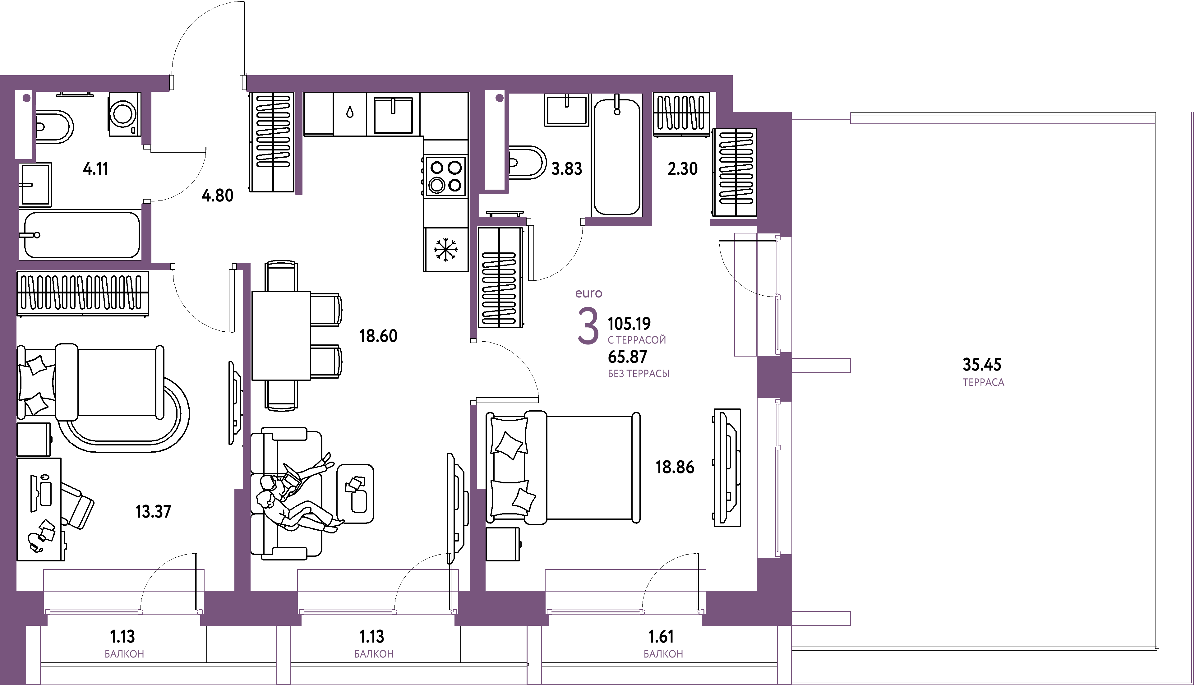 Купить 3-комнатную квартиру 105.19м², этаж №24 кв №265 в ЖК  