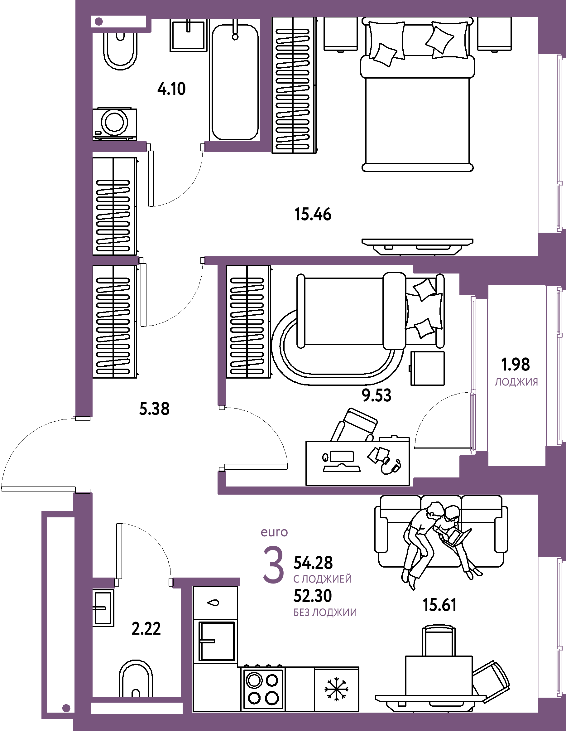 Купить 3-комнатную квартиру 54.28м², этаж №8 кв №314 в ЖК 