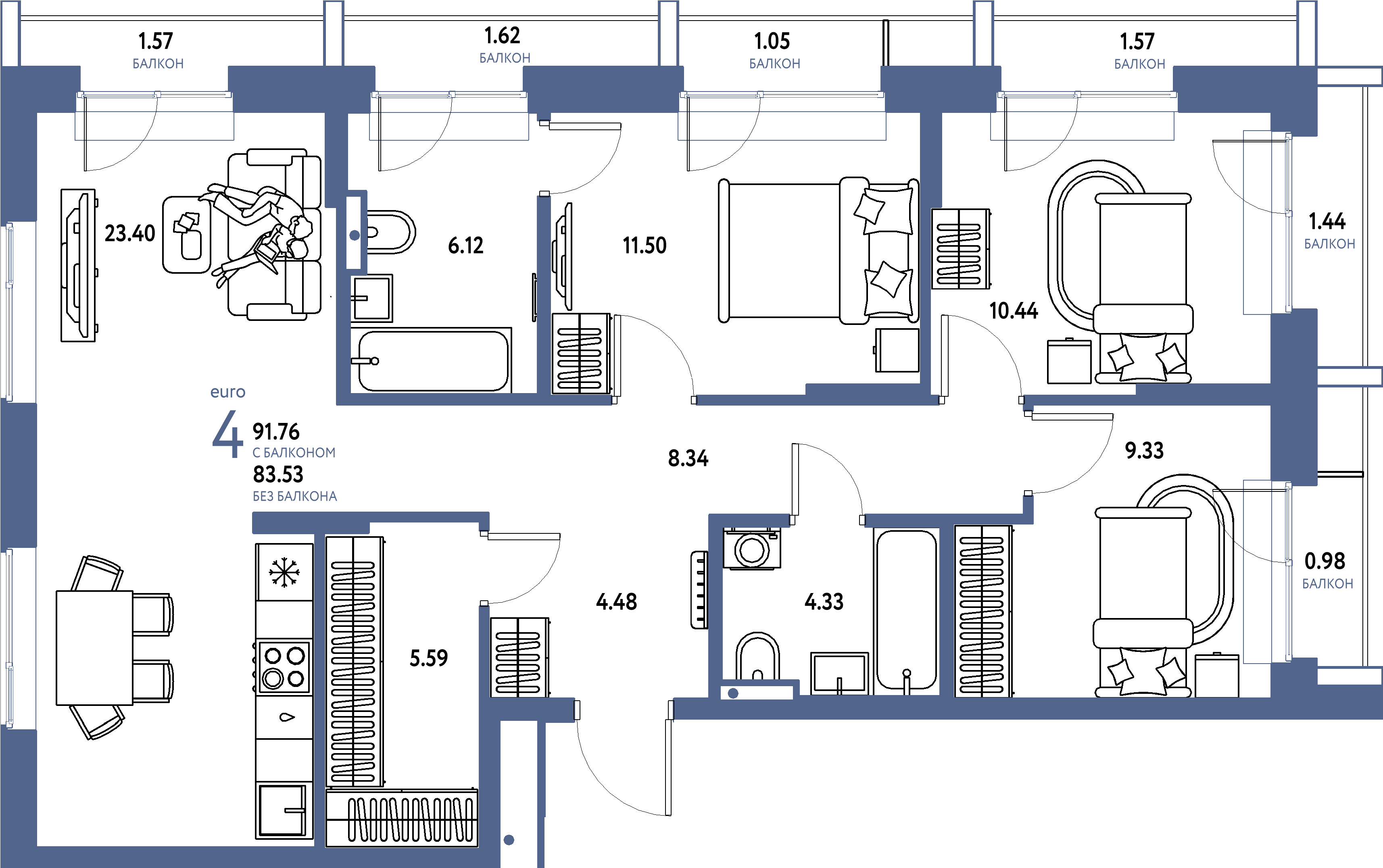 Купить 4-комнатную квартиру 91.76м², этаж №11 кв №331 в ЖК  