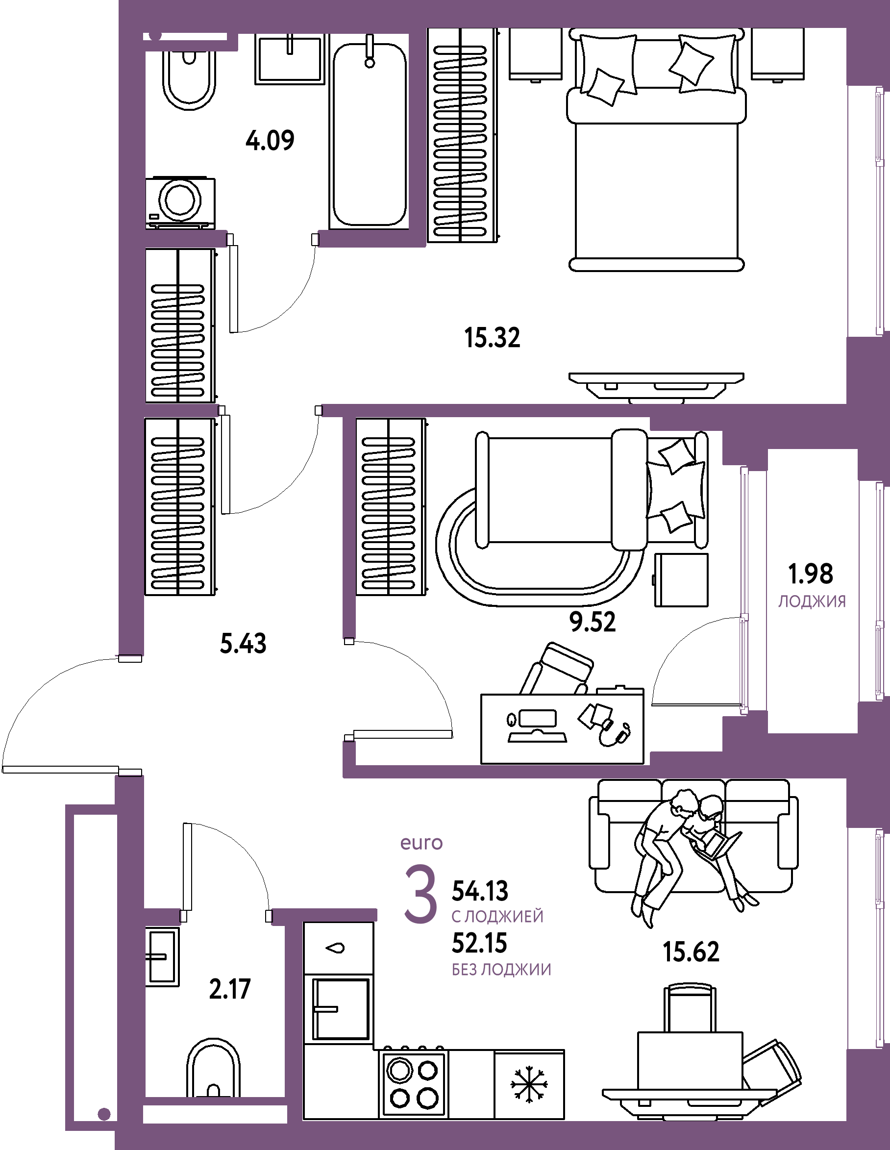 Купить 3-комнатную квартиру 54.13м², этаж №13 кв №344 в ЖК 