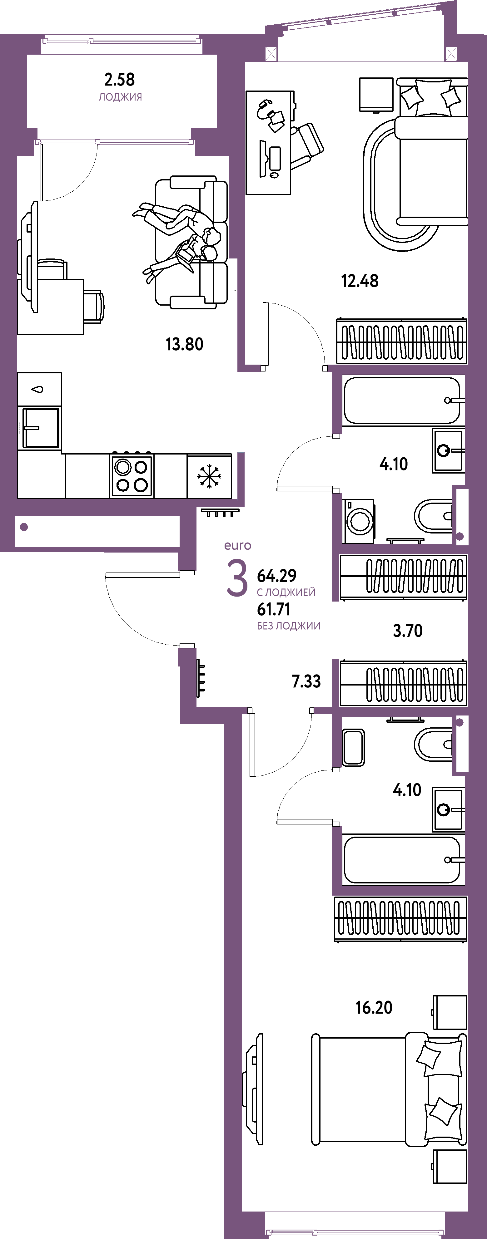 Купить 3-комнатную квартиру 64.29м², этаж №4 кв №357 в ЖК 