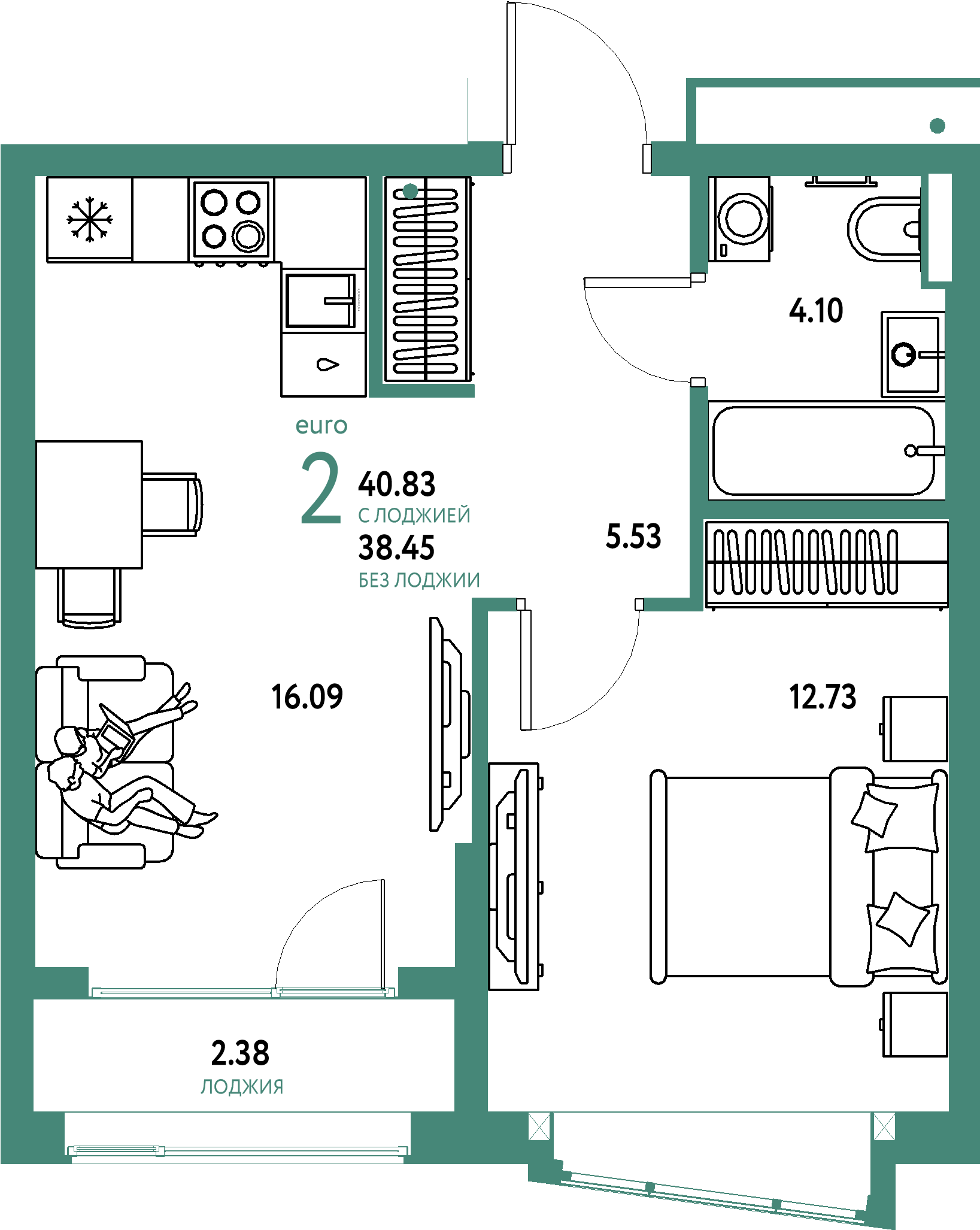 Купить 2-комнатную квартиру 40.83м², этаж №4 кв №359 в ЖК 