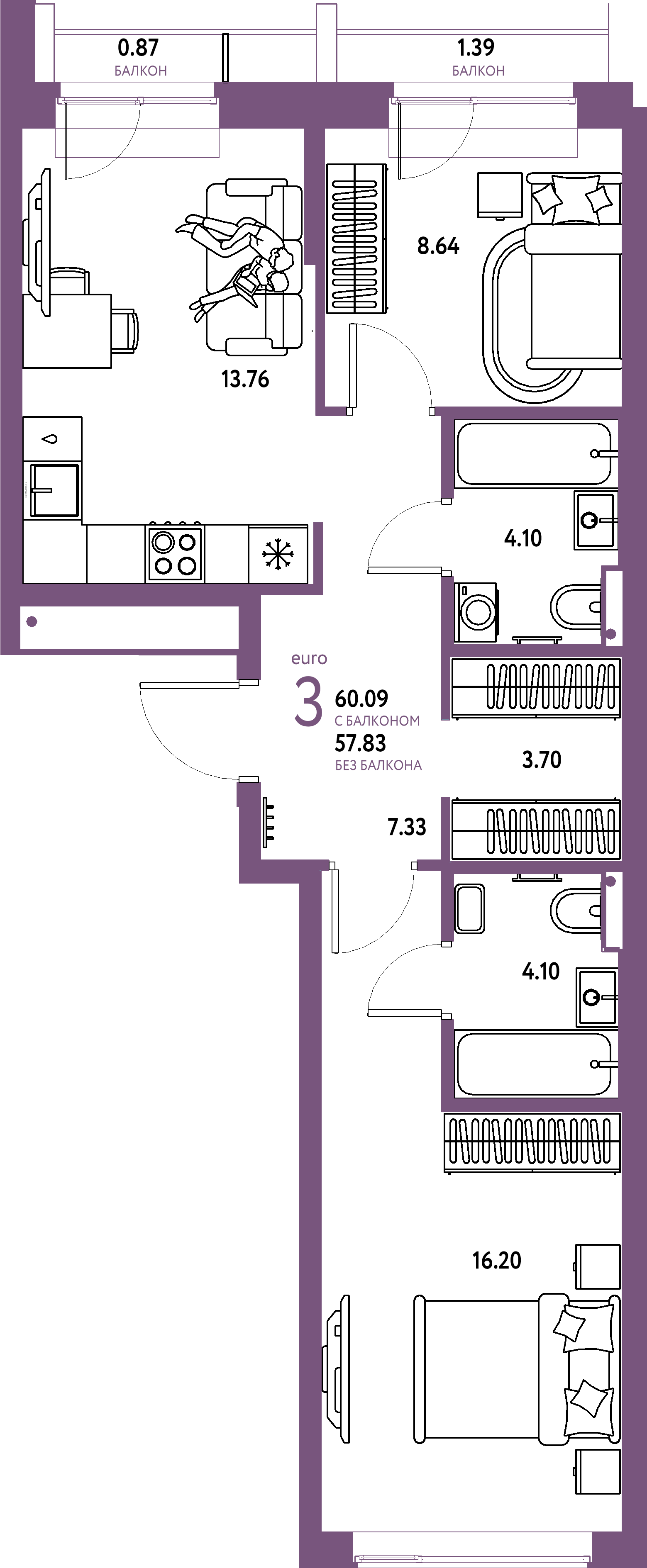 Купить 3-комнатную квартиру 60.09м², этаж №6 кв №365 в ЖК 