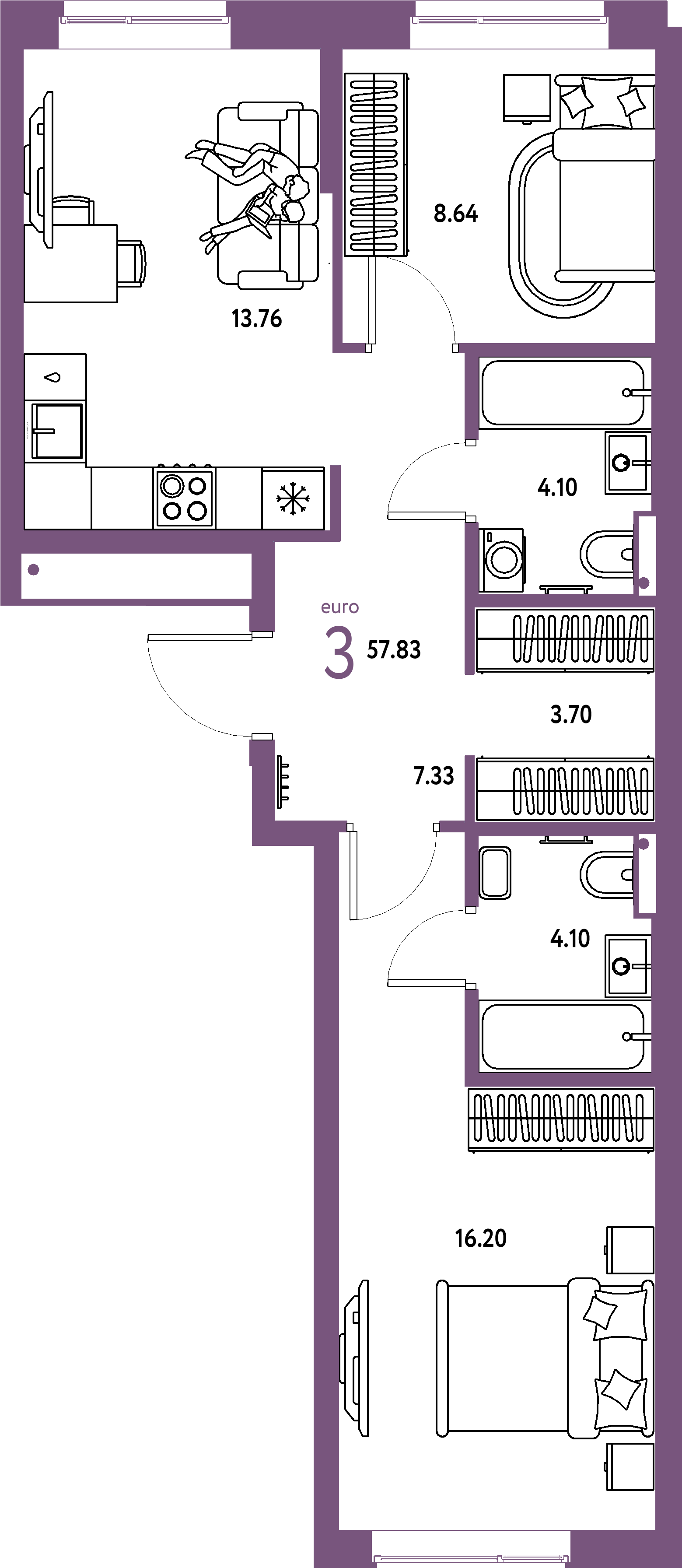 Купить 3-комнатную квартиру 57.83м², этаж №7 кв №369 в ЖК 