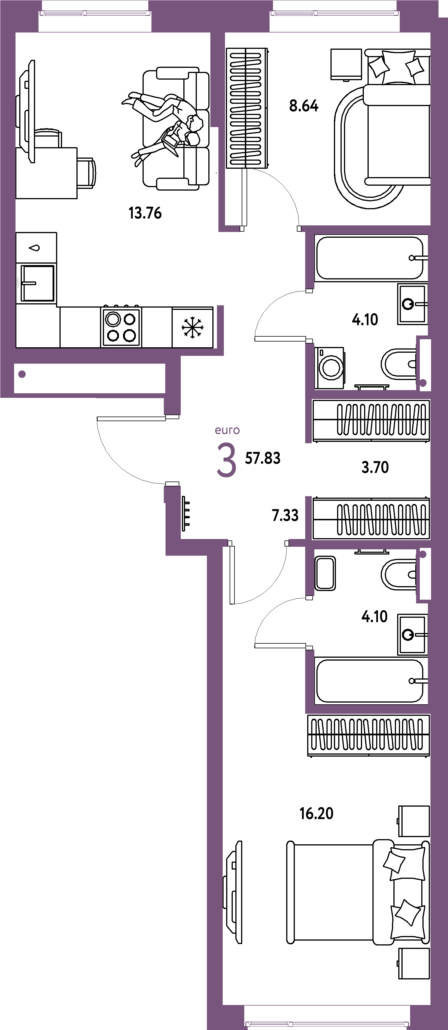 Купить 3-комнатную квартиру 57.83м², этаж №8 кв №373 в ЖК 