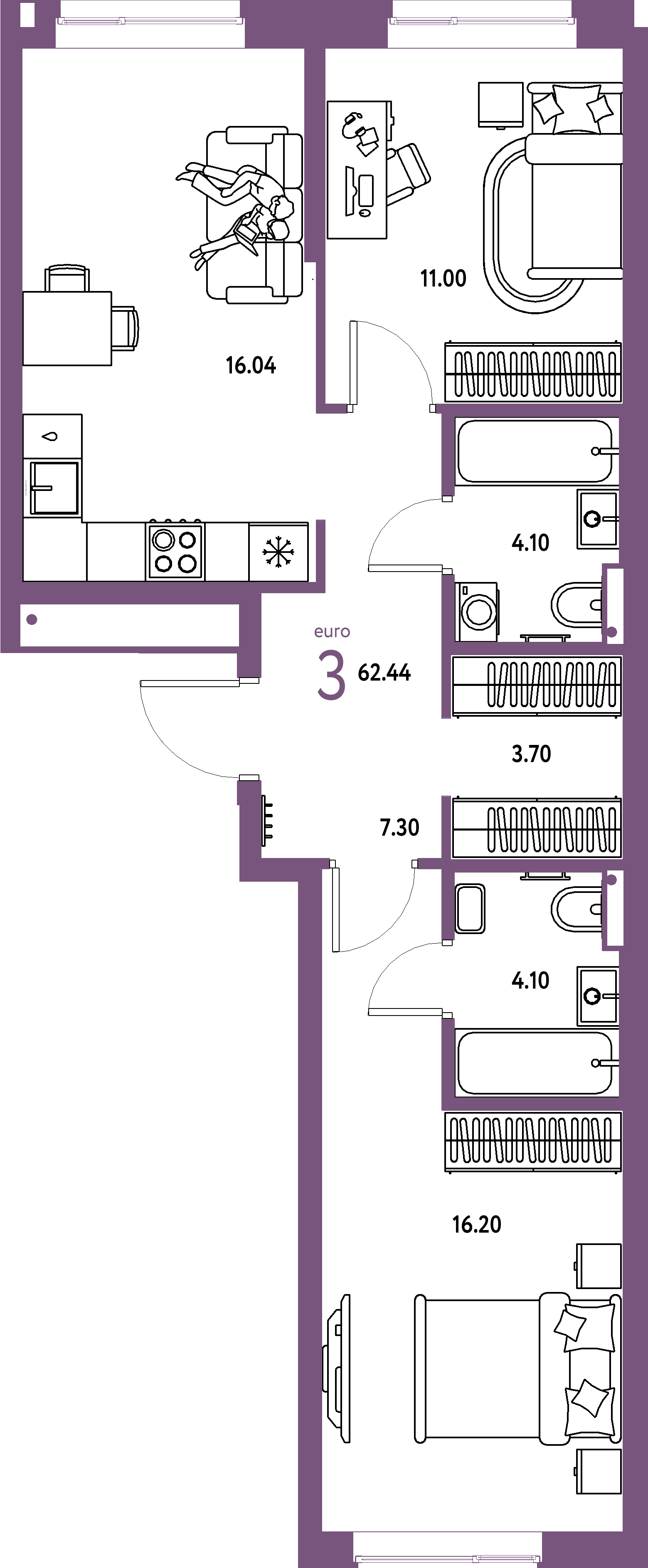 Купить 3-комнатную квартиру 62.44м², этаж №13 кв №393 в ЖК  