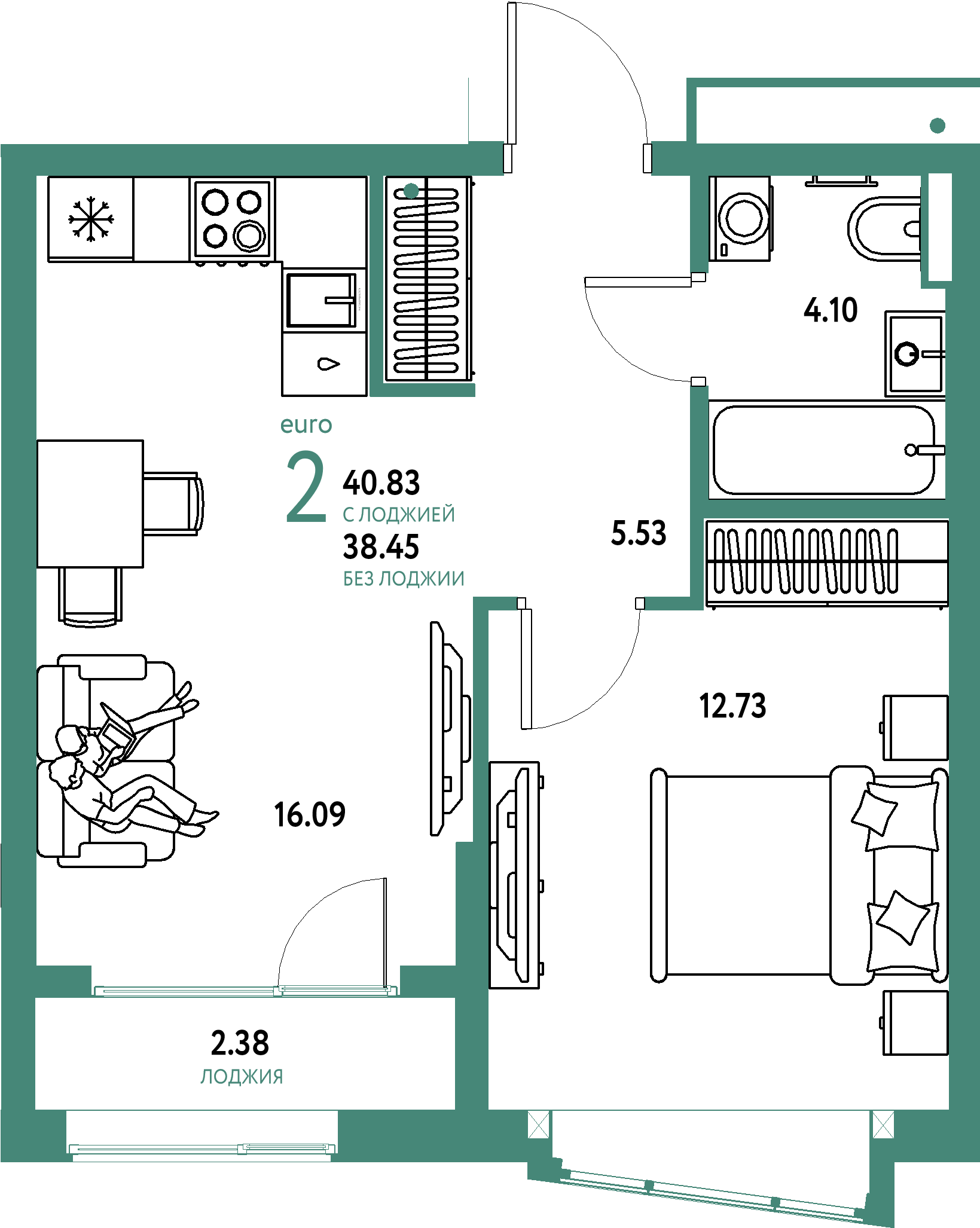 Купить 2-комнатную квартиру 40.83м², этаж №13 кв №395 в ЖК 