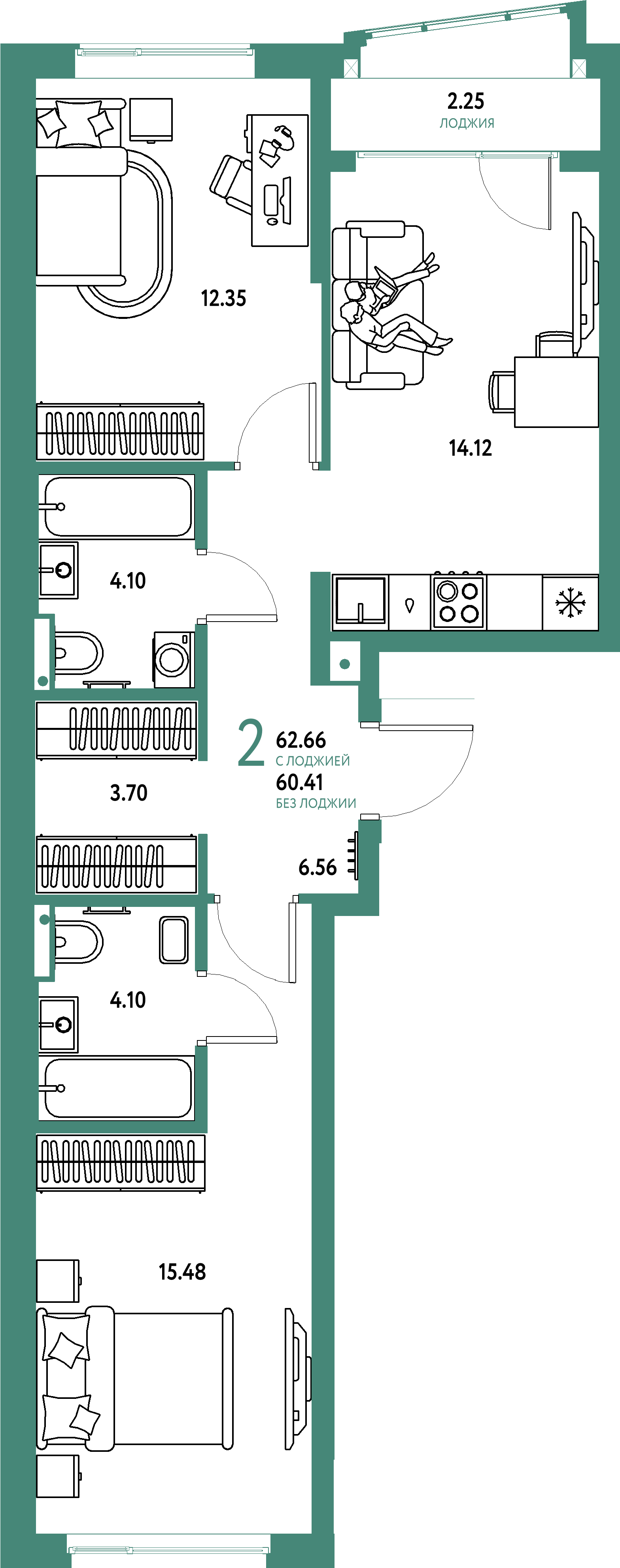 Купить 2-комнатную квартиру 62.66м², этаж №13 кв №396 в ЖК 