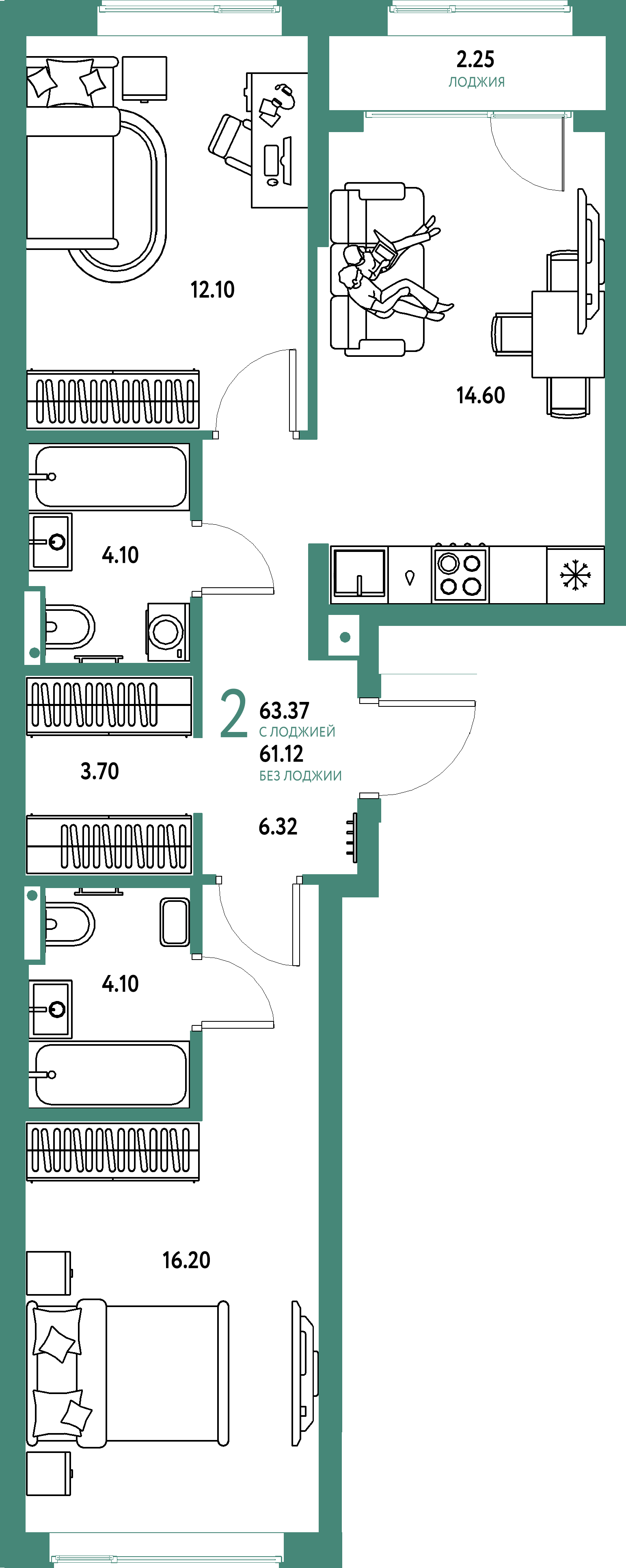 Купить 2-комнатную квартиру 63.37м², этаж №3 кв №404 в ЖК 