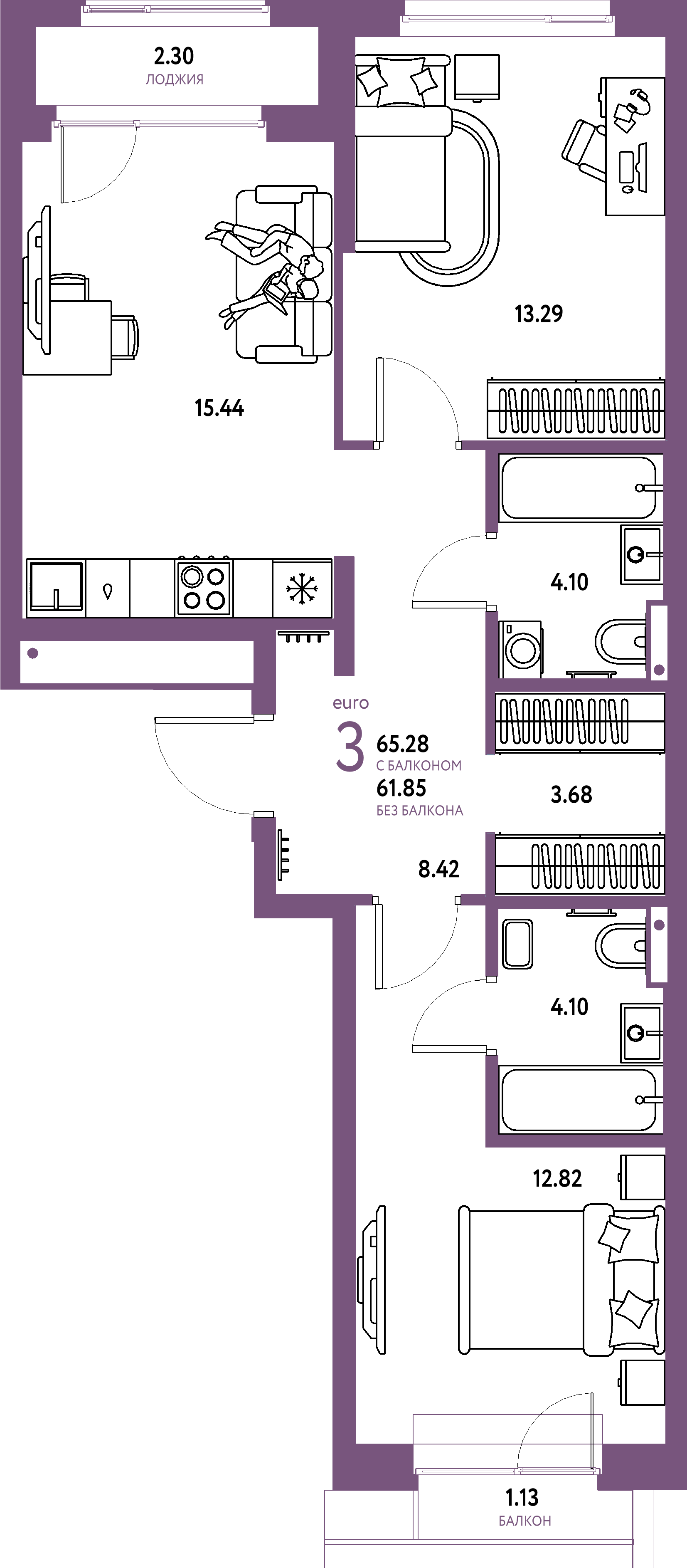 Купить 3-комнатную квартиру 65.28м², этаж №9 кв №425 в ЖК 