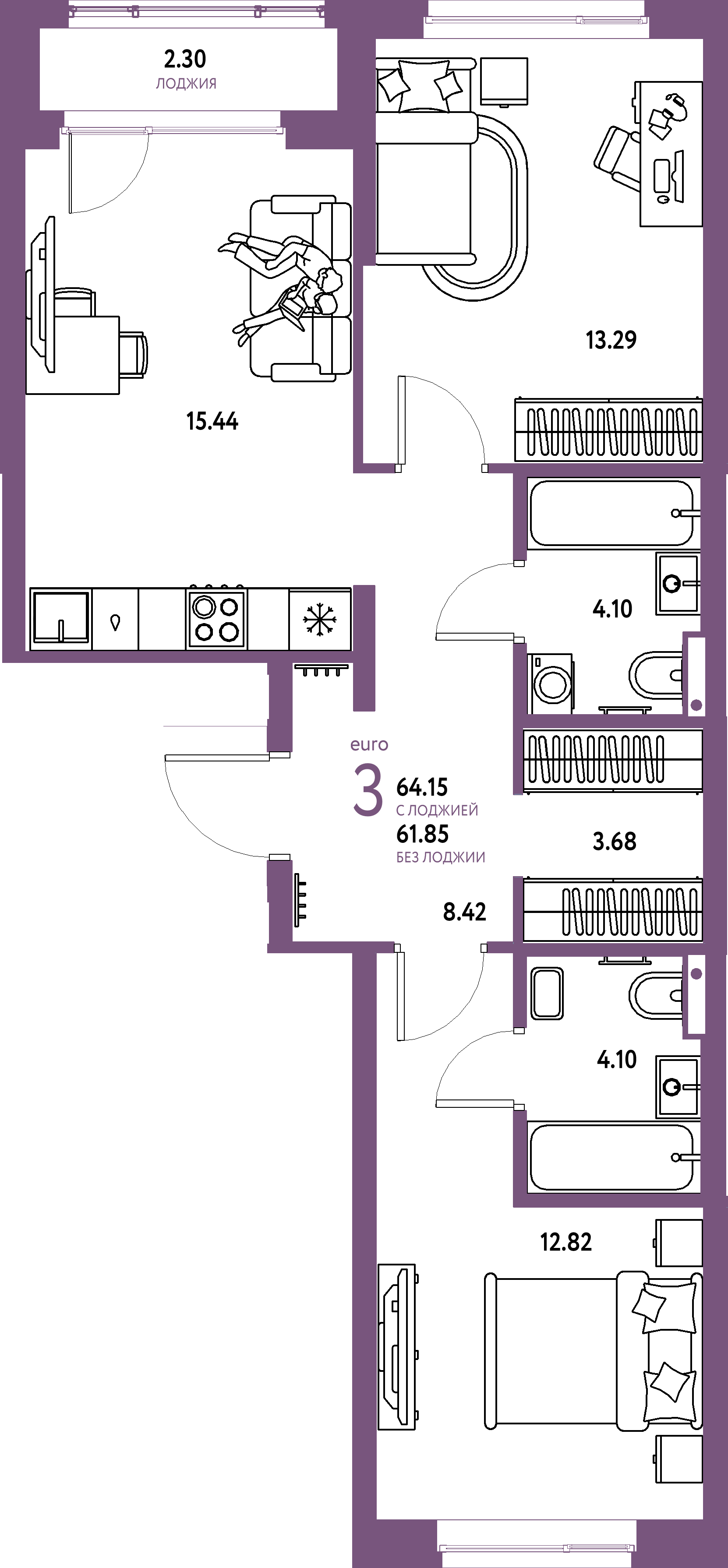 Купить 3-комнатную квартиру 64.15м², этаж №11 кв №433 в ЖК 